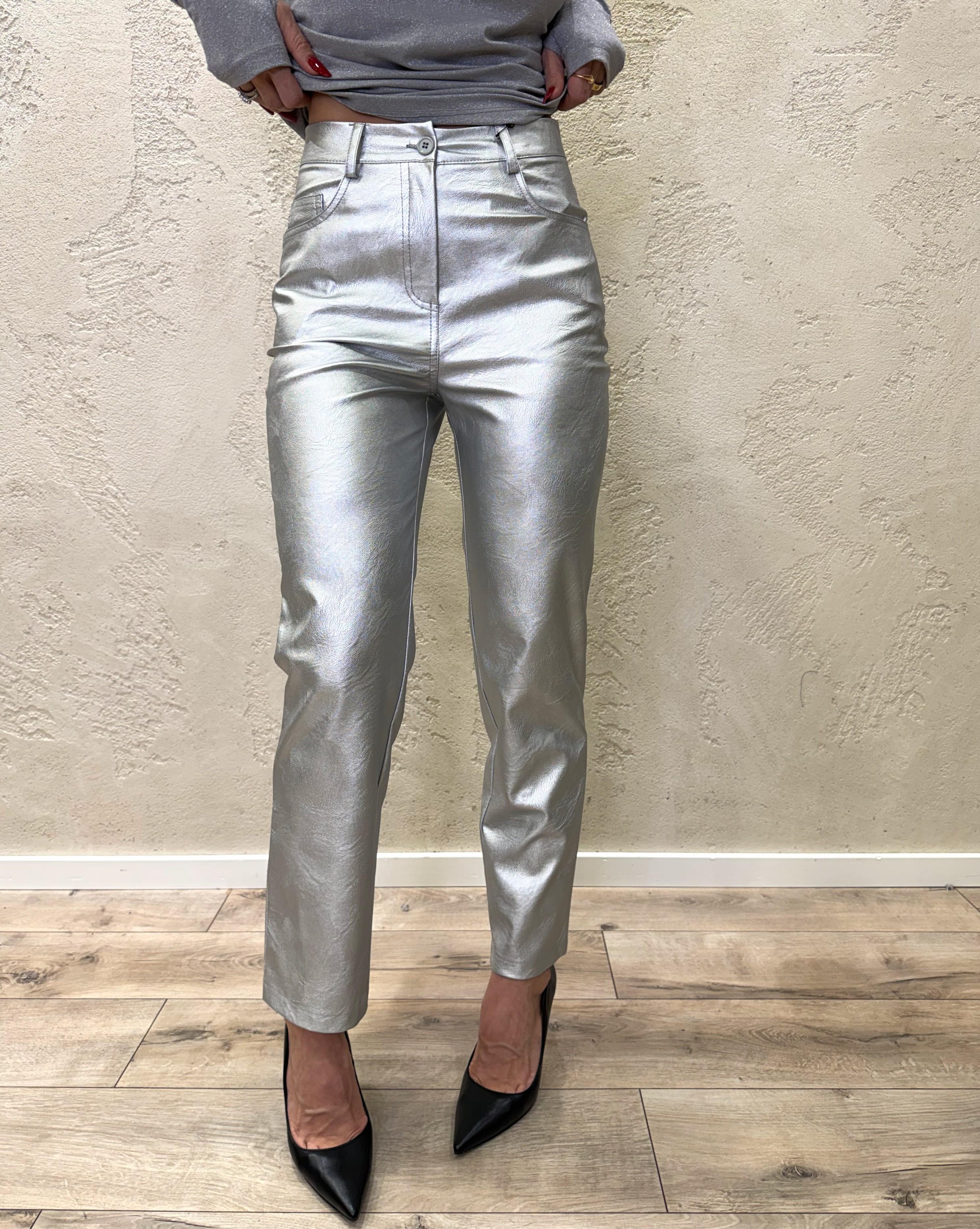pantalone a gamba dritta in ecopelle martellata effetto laminato 225092-1 ARGENTO TENSIONE IN