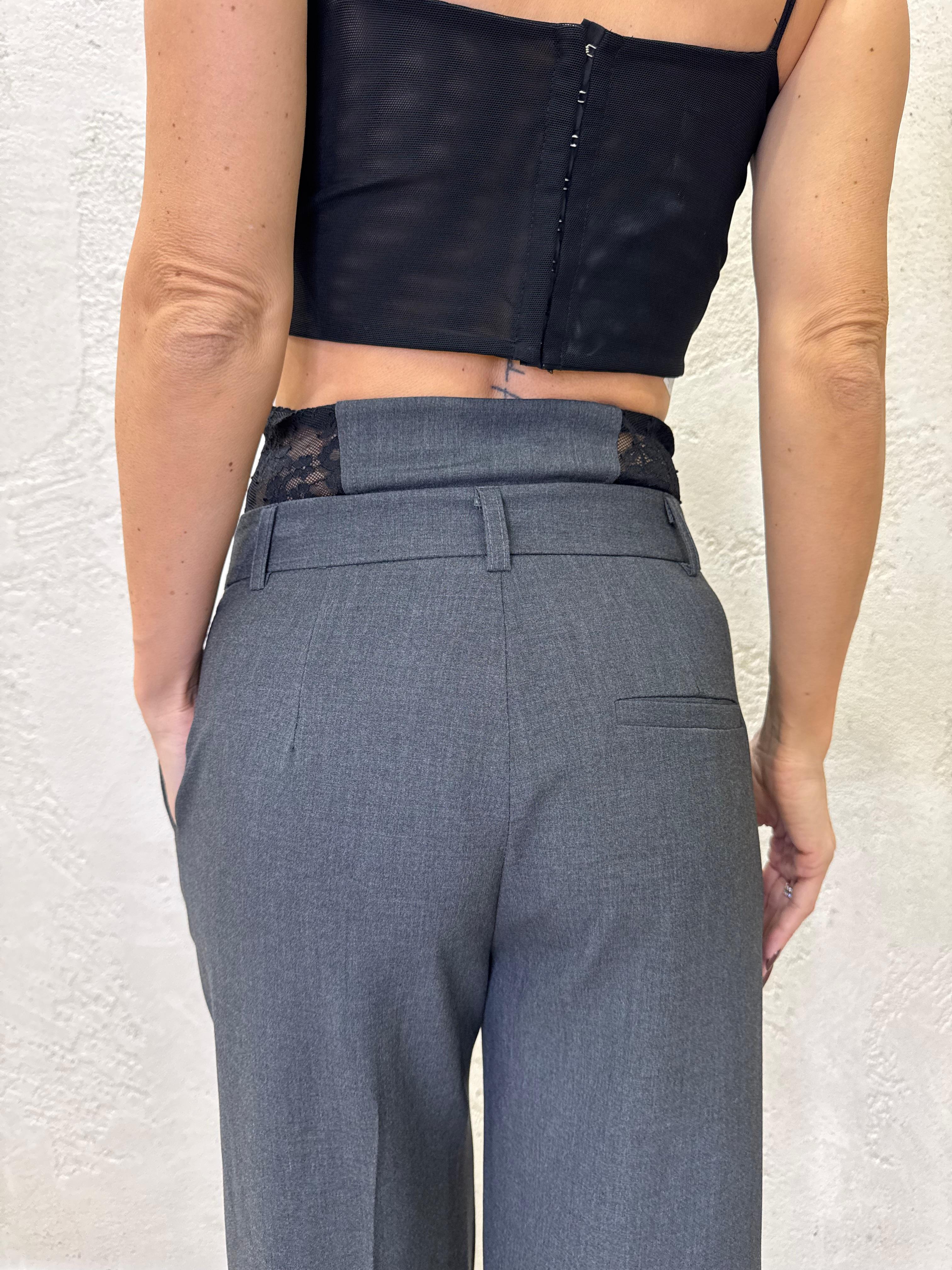 pantalone palazzo con inserto coulotte pizzo P6C3KFU PIOMBO IMPERIAL