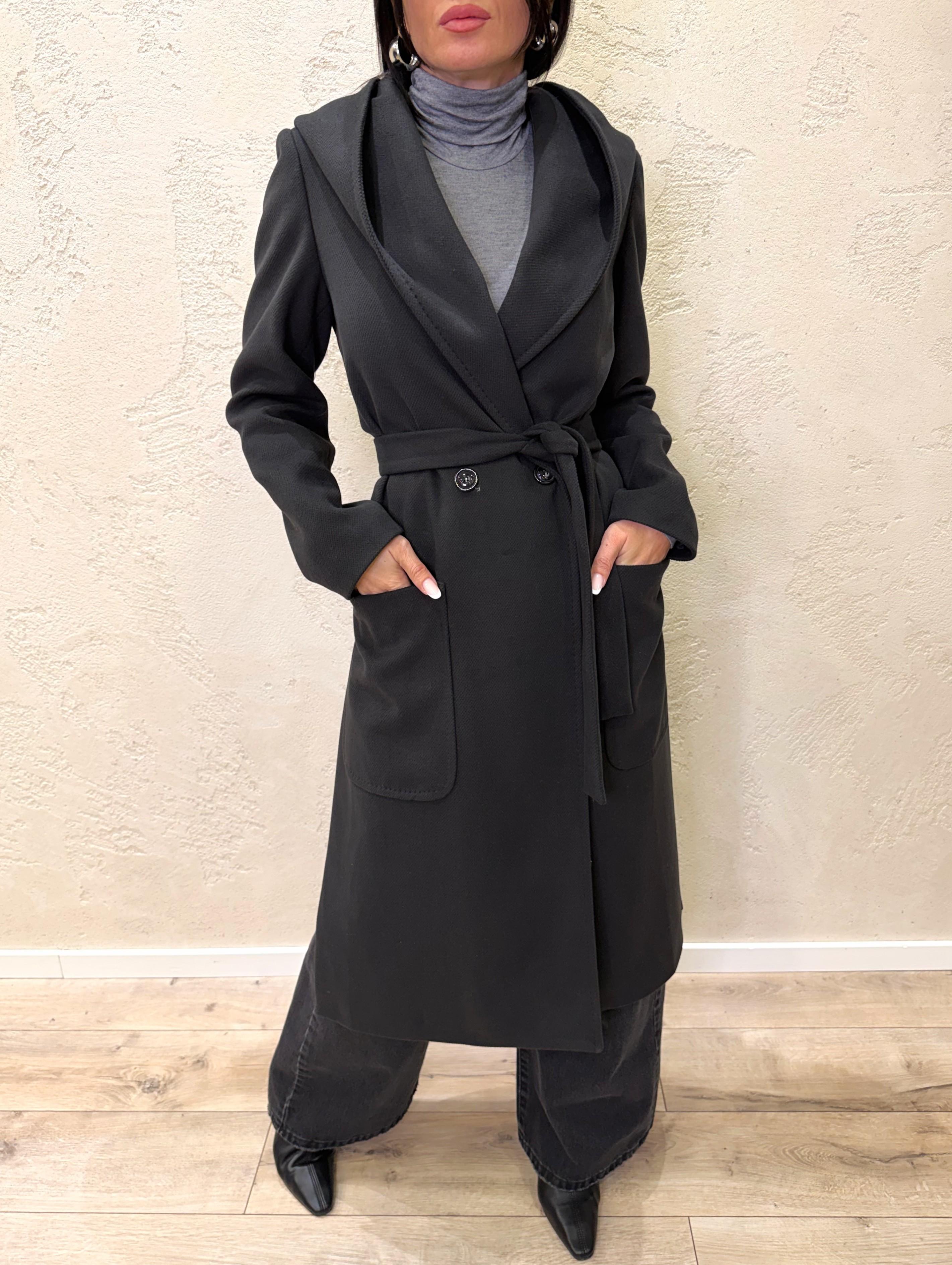 cappotto lungo doppio petto con cappuccio e cintura 9999MRKAI25 NERO TENSIONE IN