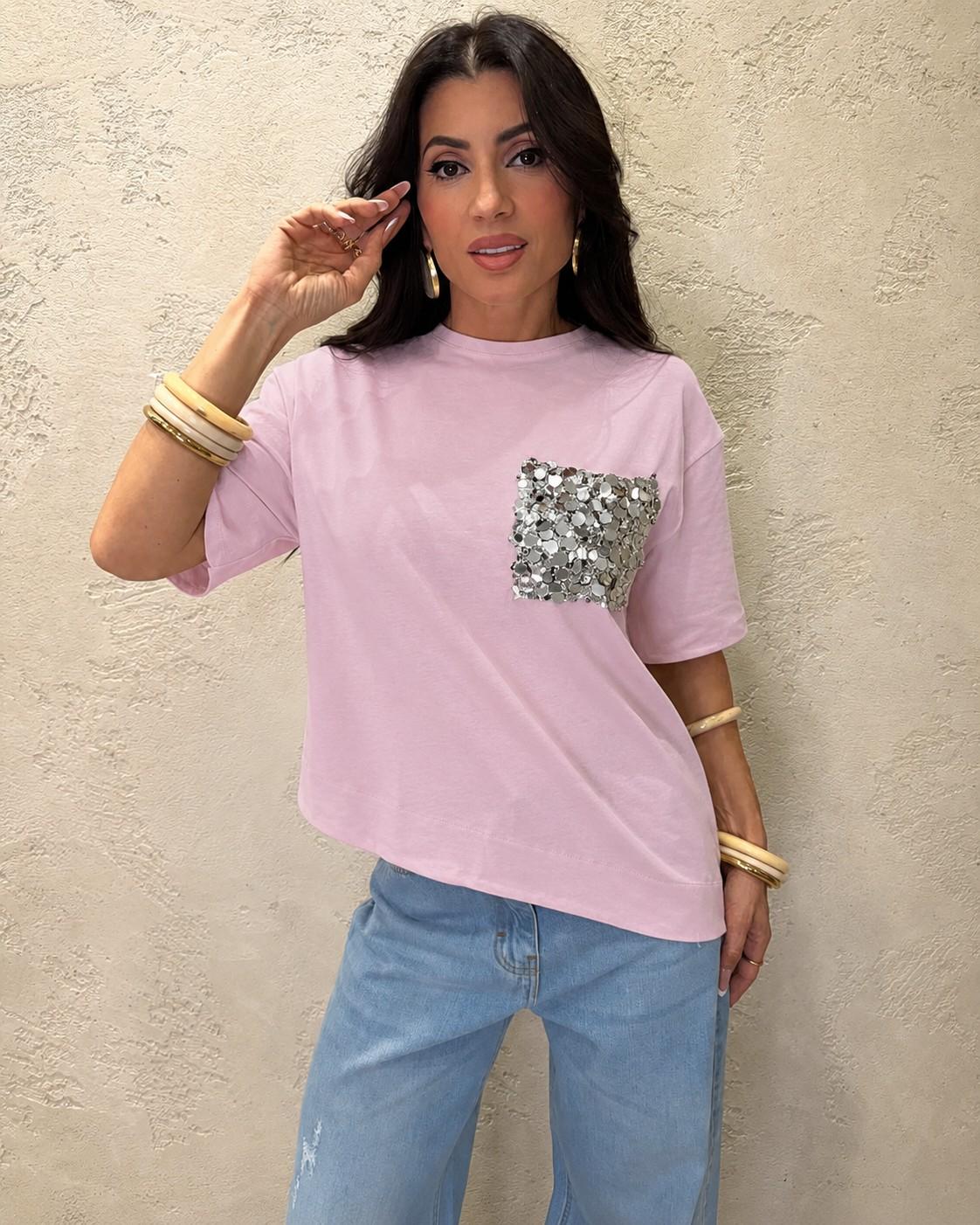 t-shirt asimmetrica con tasca pailettes PE260194 ROSA TENSIONE IN