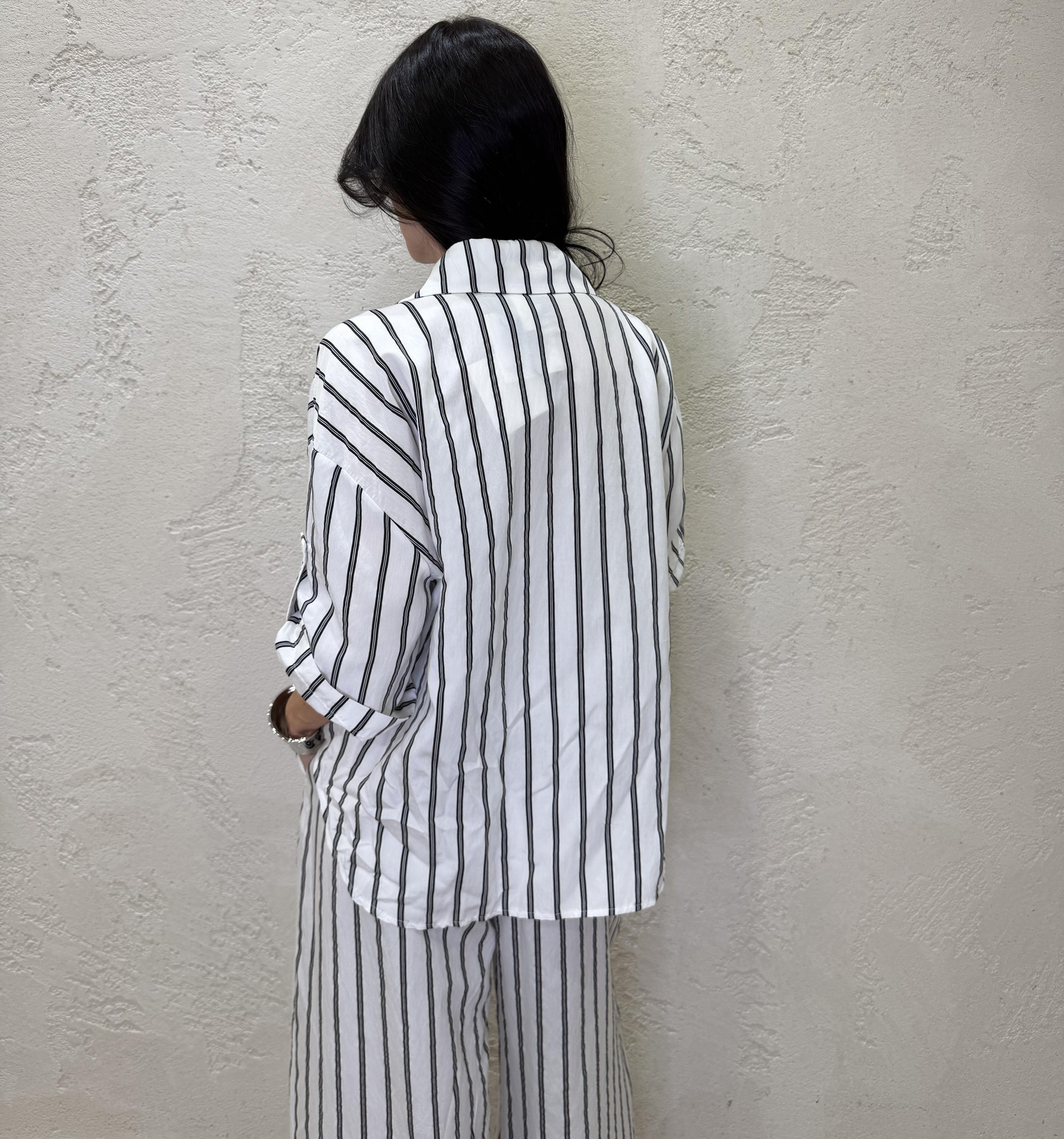 camicia maniche corte a righe con tasca pailettes PE260217 BIANCO/NERO TENSIONE IN