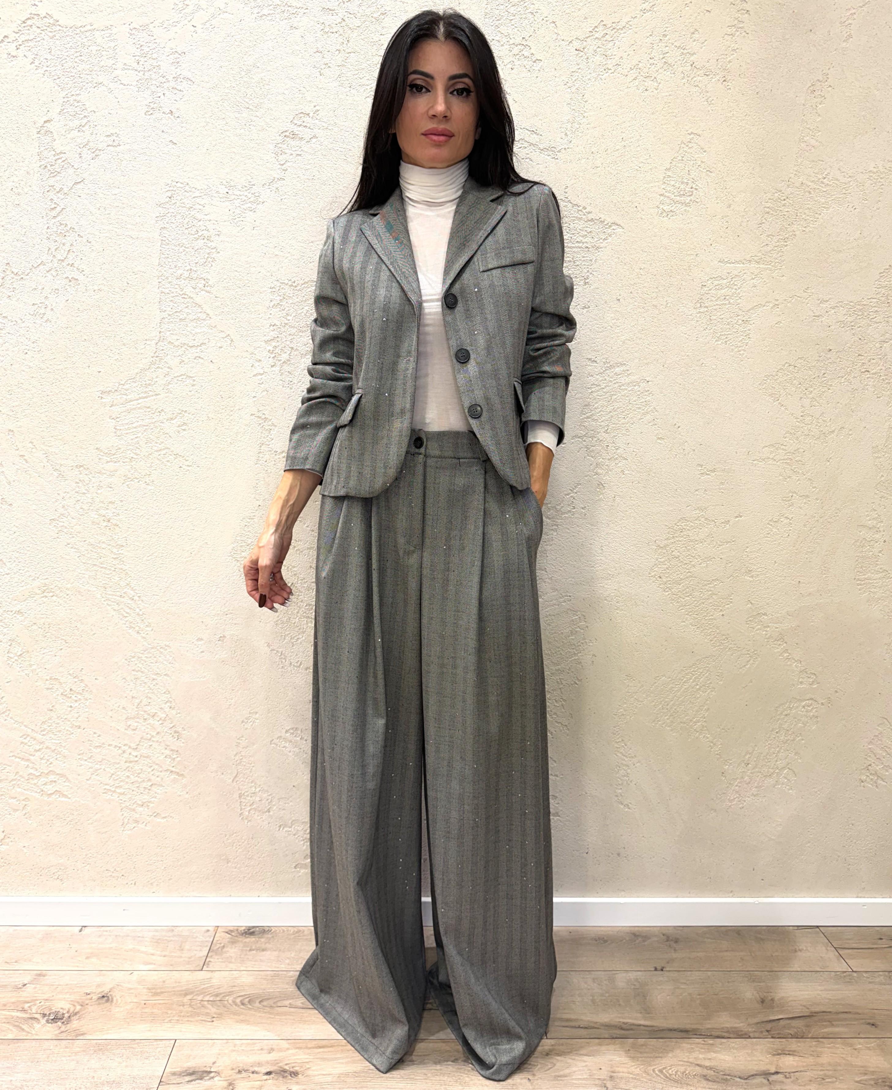 pantalone a palazzo ampio a spina di pesce con micro paillettes 1163AI25 GRIGIO TENSIONE IN