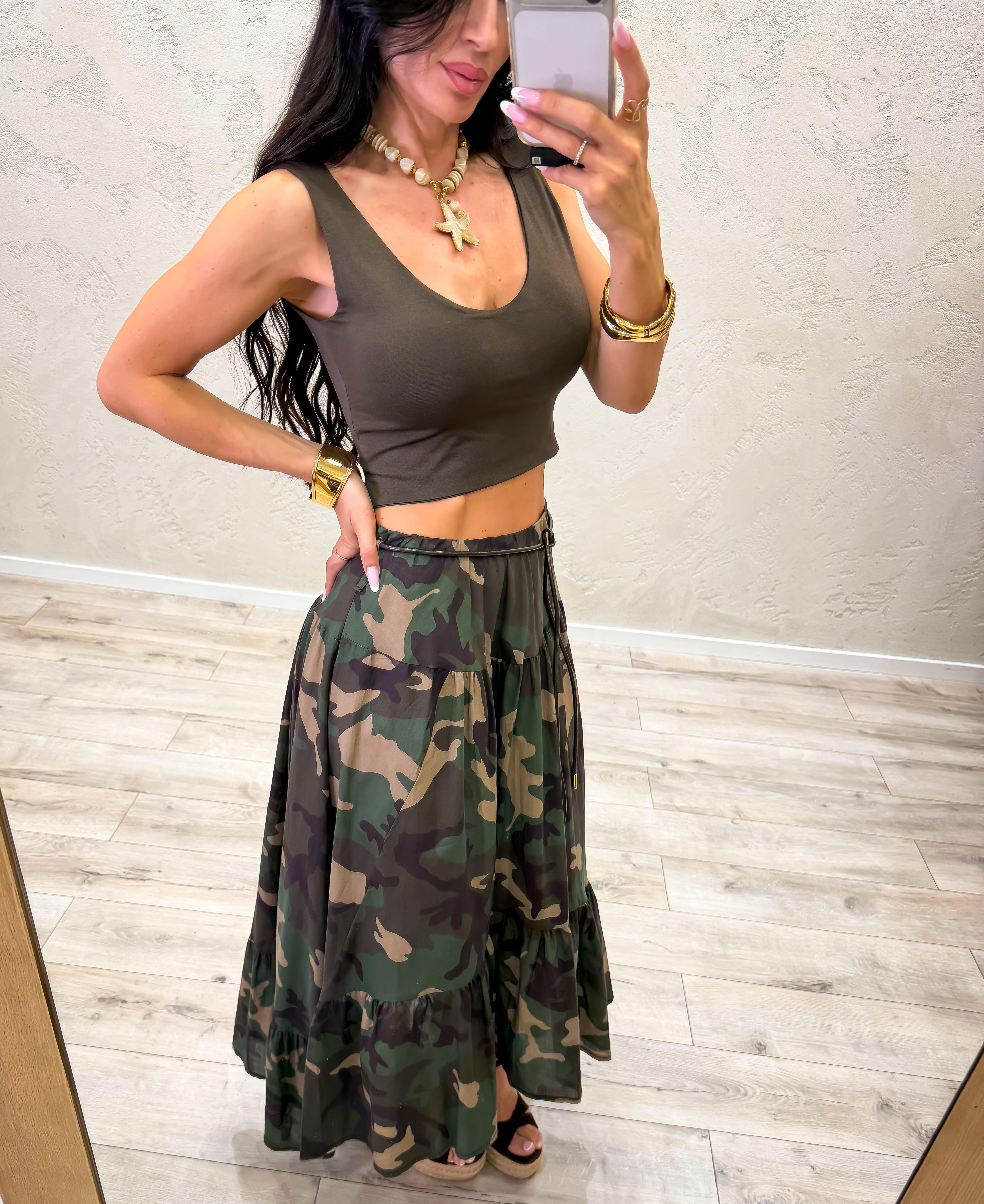 gonna midi asimmetrica con balze in 100% cotone 188/272/2332 CAMOUFLAGE ELEVI