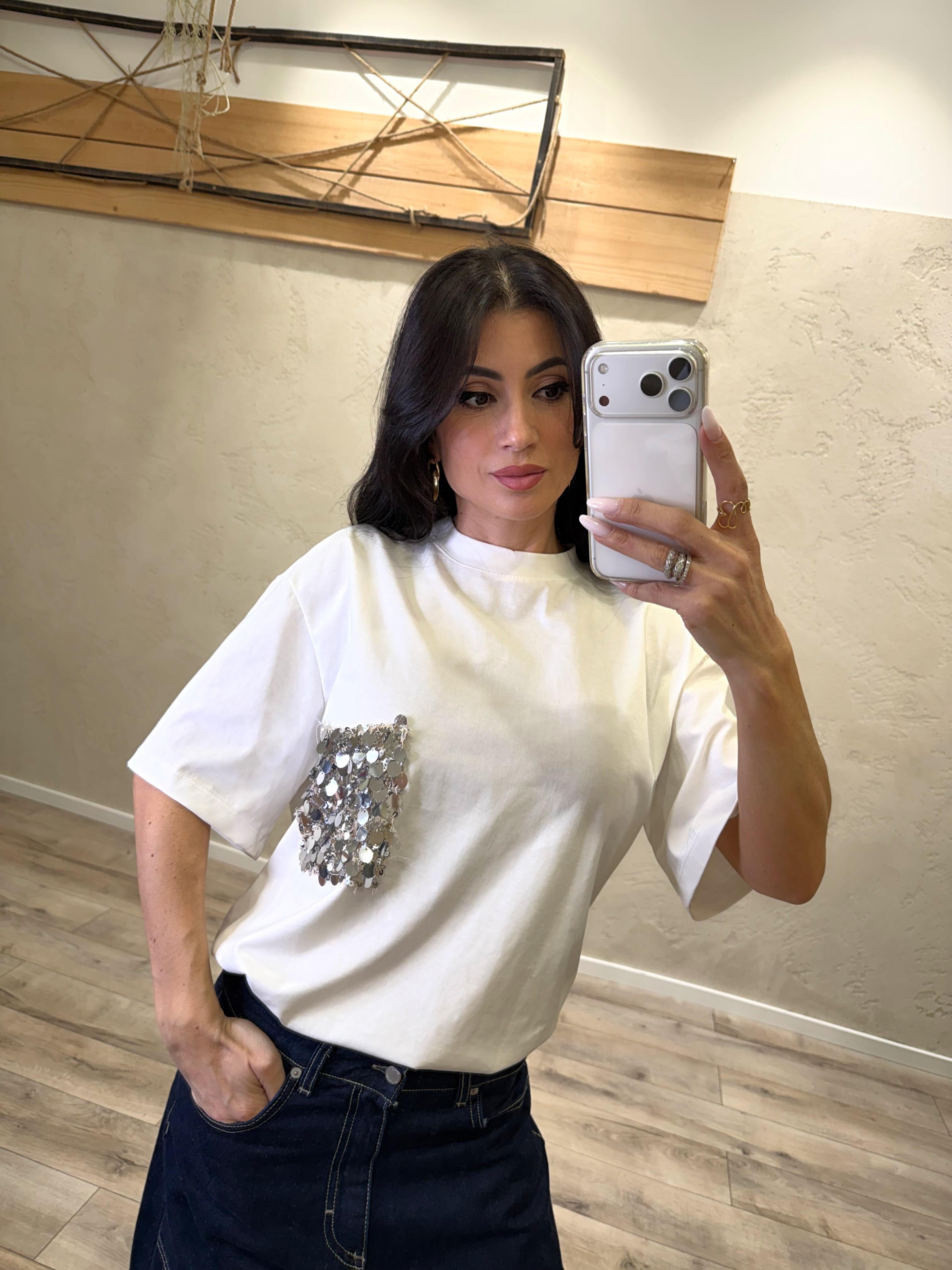 t-shirt a scatoletta con tasca pailettes PE260112 PANNA TENSIONE IN