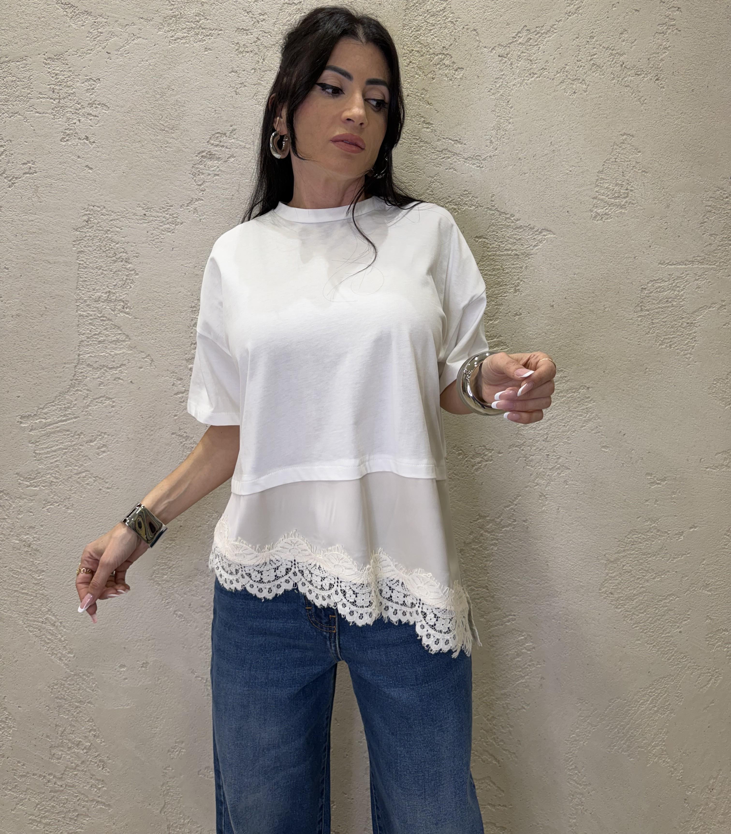 t-shirt a scatoletta con inserto satin e pizzo T262A082 PANNA DIXIE