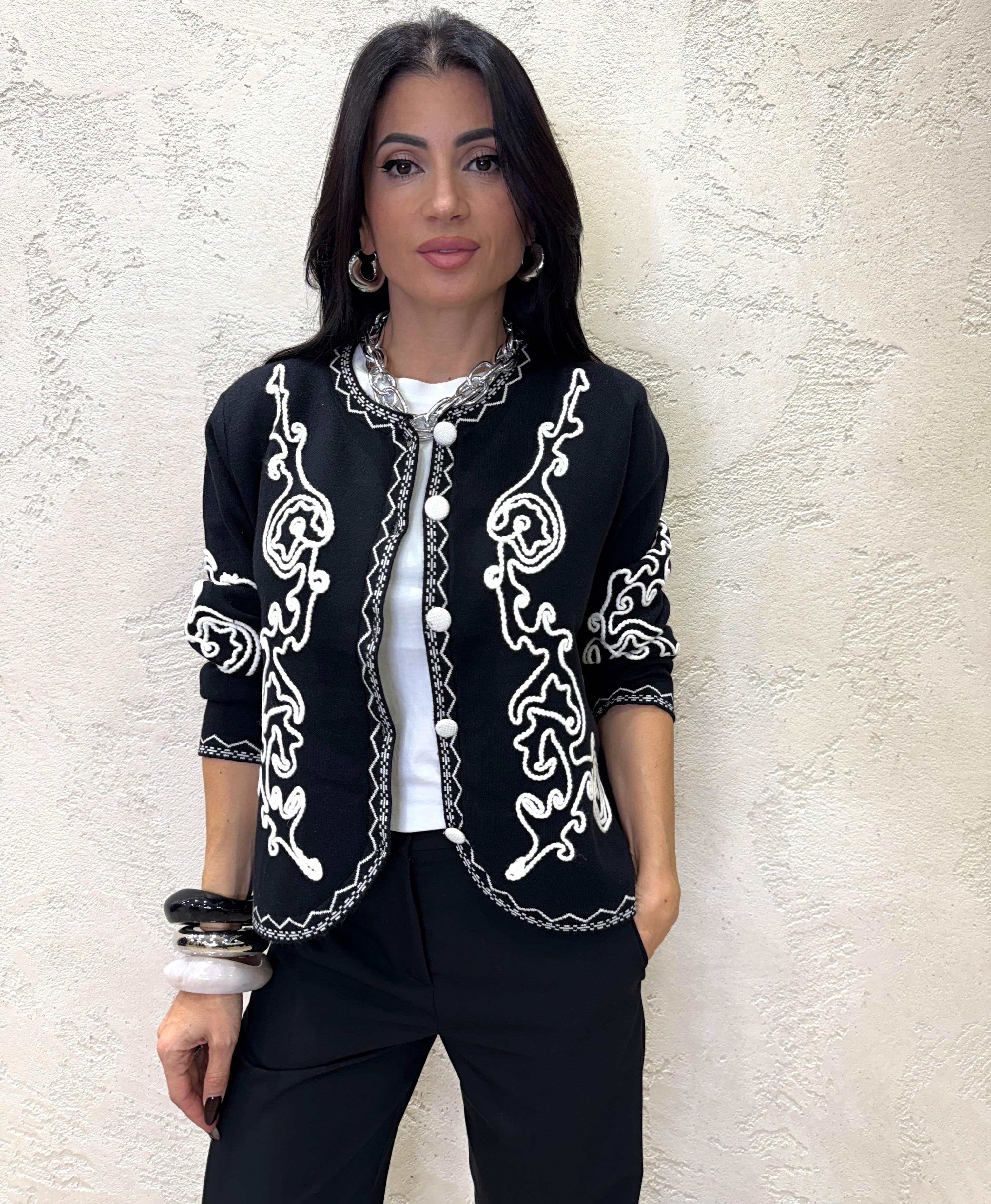 cardigan girocollo con ricamo CARGCDIS NERO/BIANCO ELEVI