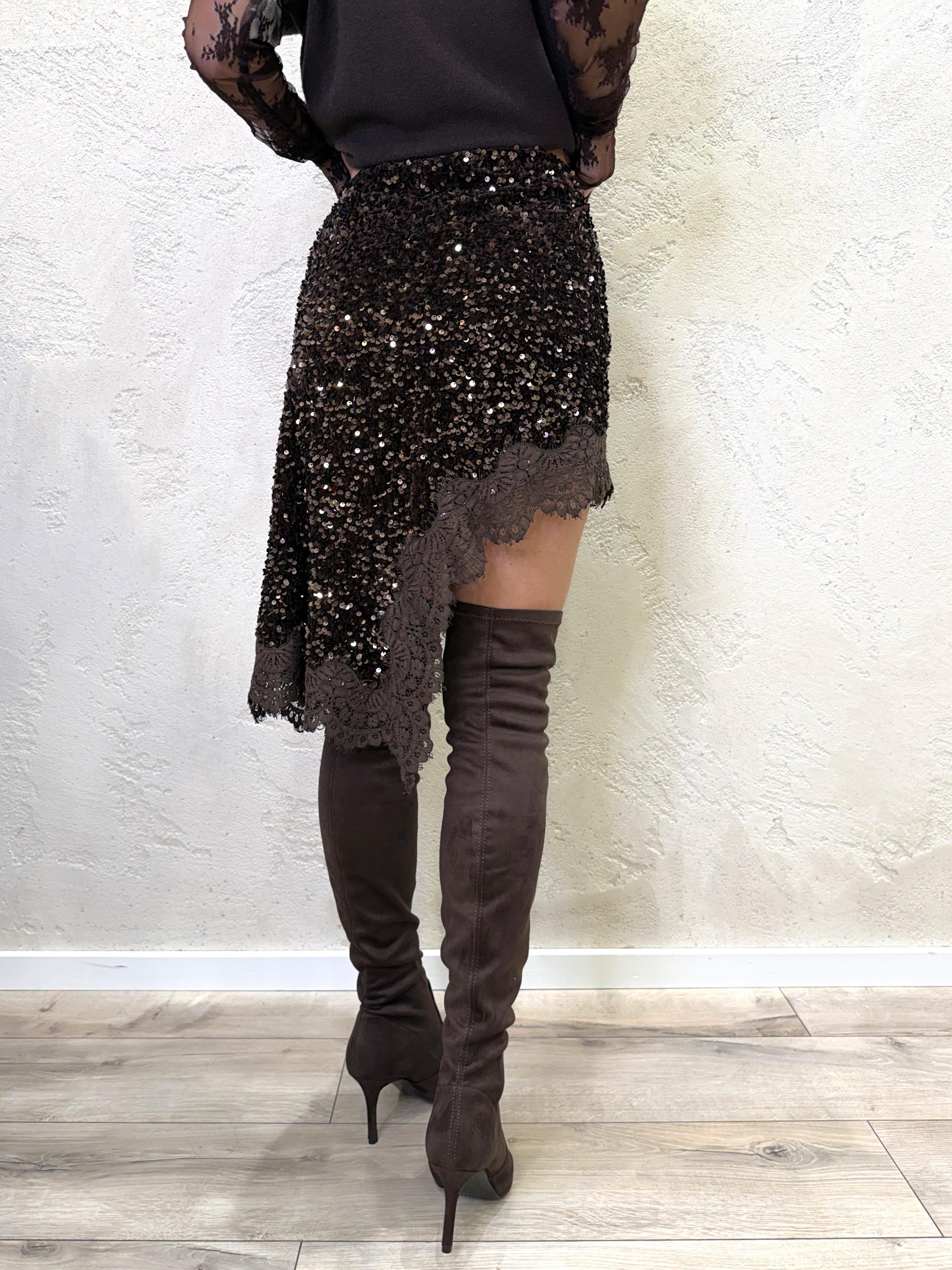 gonna mini asimmetrica in pailette e pizzo W25GC65 MORO MOTEL