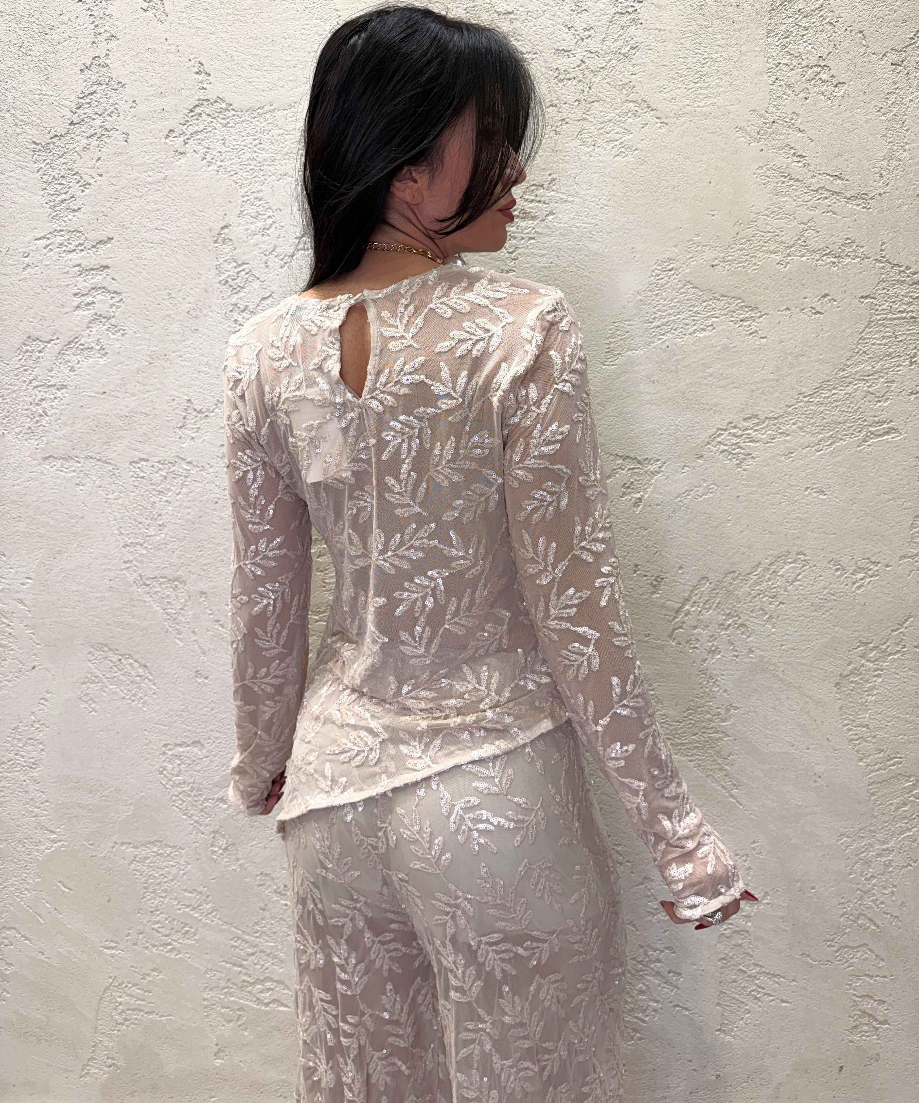 blusa in tulle con orlo asimmetrico e pailettes ricamate W25CC03 PANNA MOTEL