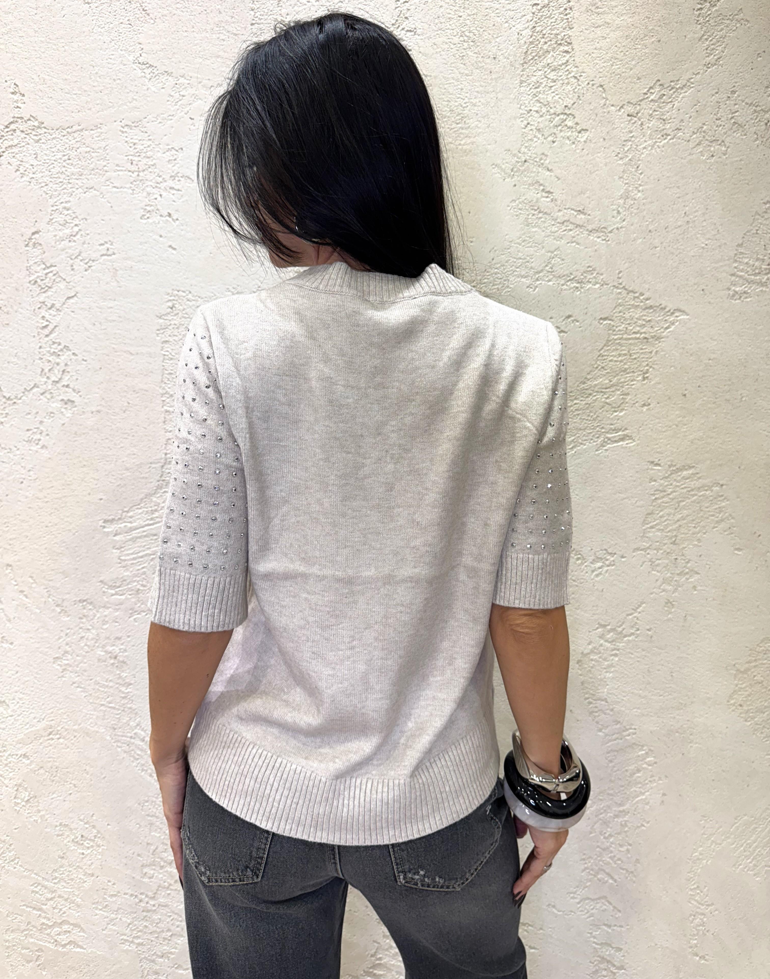 maglia maniche corte scollo a v con strass MMVSTRASS BEIGE ELEVI