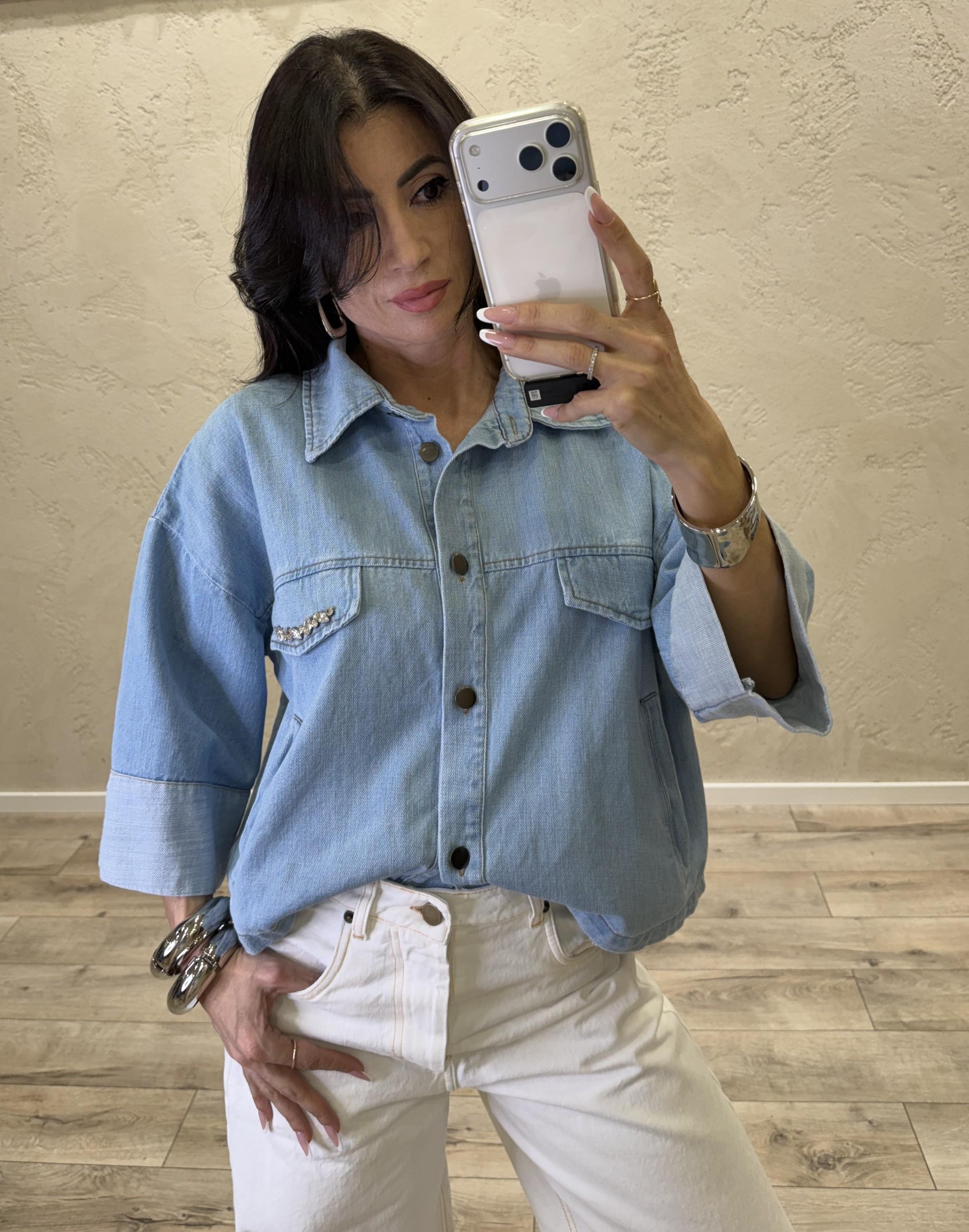 giacchino in denim modello a scatoletta con dettaglio gioiello 60084GBC JEANS SUSY MIX