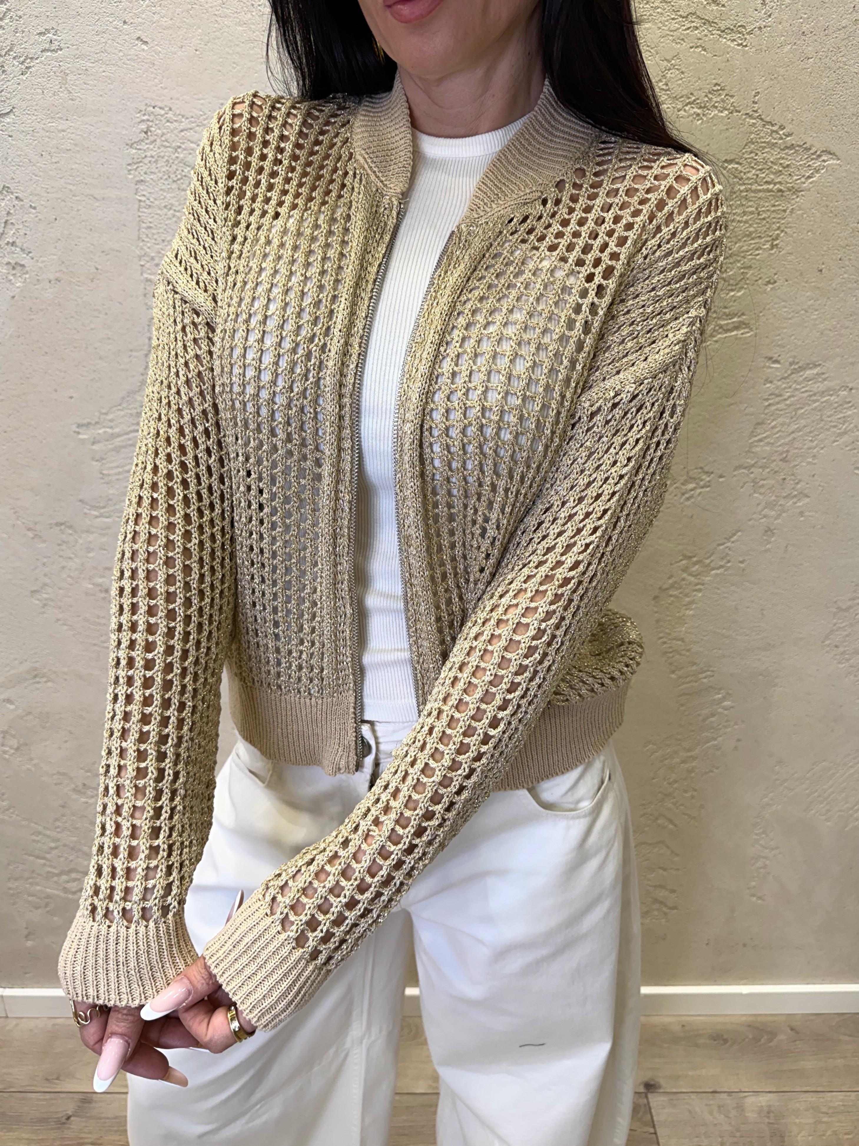 cardigan a bomber in maglia a rete lurex M93060 ORO SUSY MIX