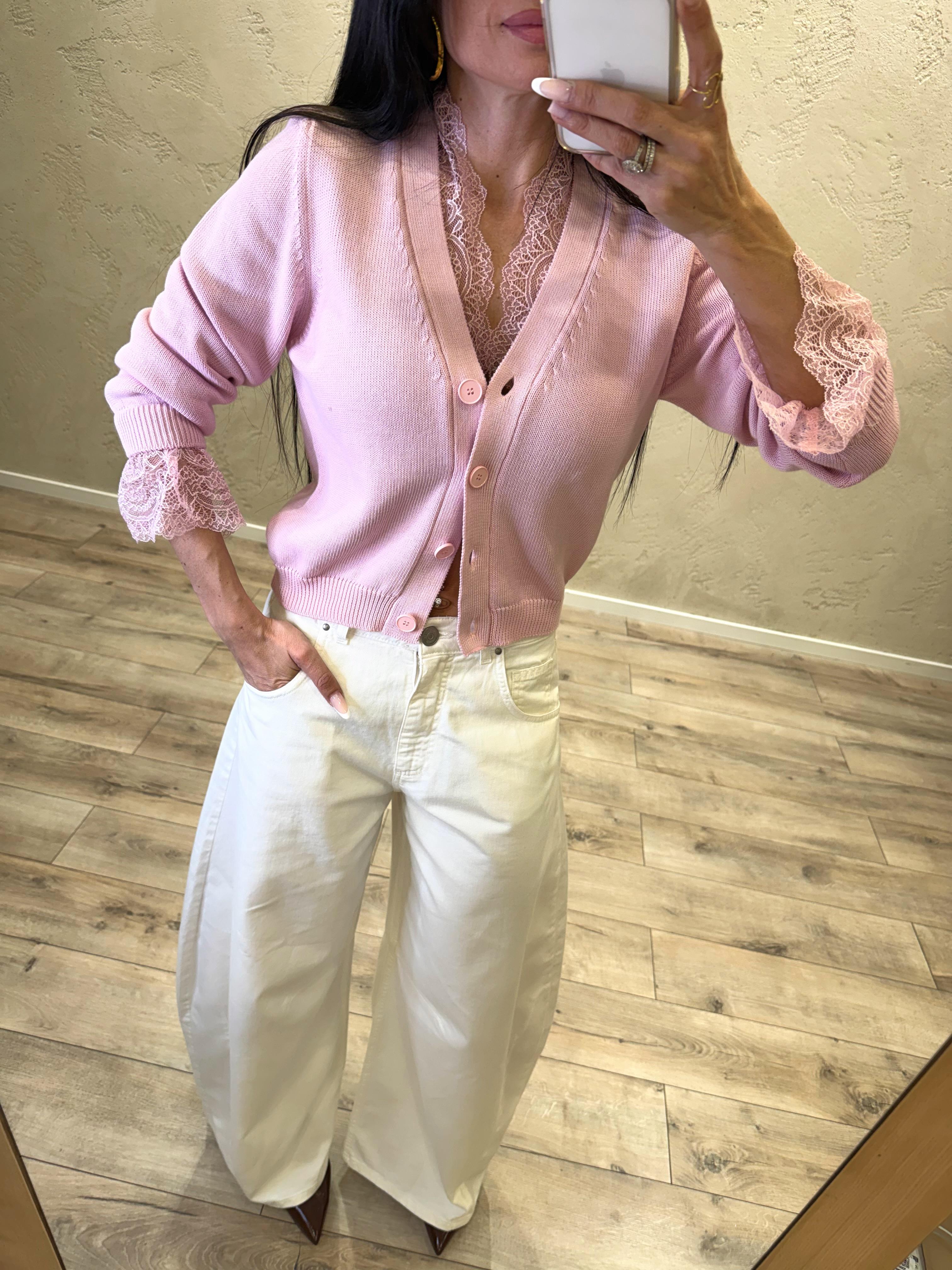 cardigan in maglia con inserti in pizzo 100% cotone 7AB7020 ROSA VICOLO