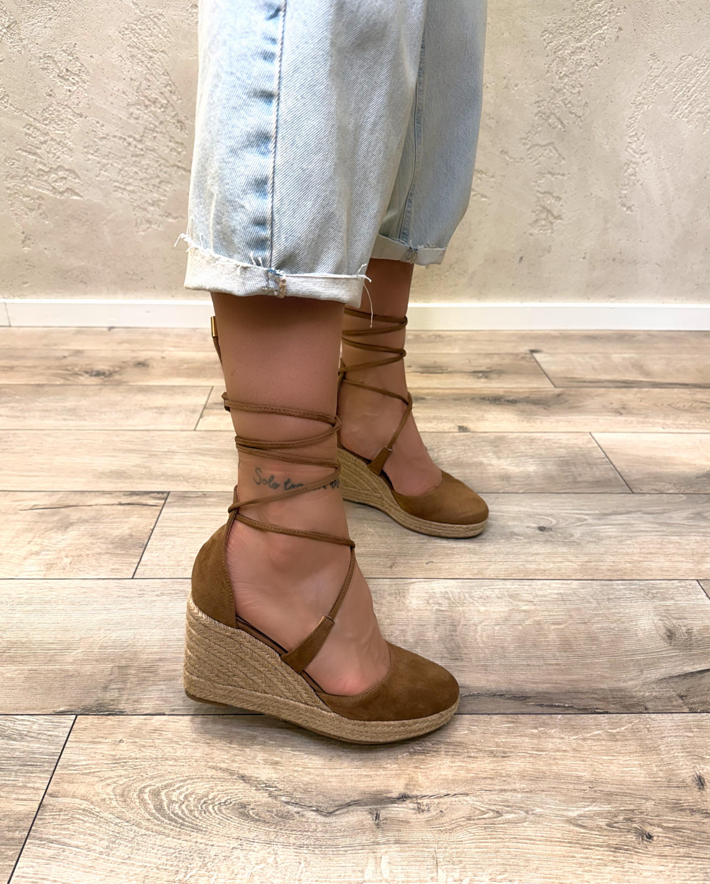 zeppe in pelle con plateau in raffia 14-3714 CAMMELLO DIVINE FOLLIE