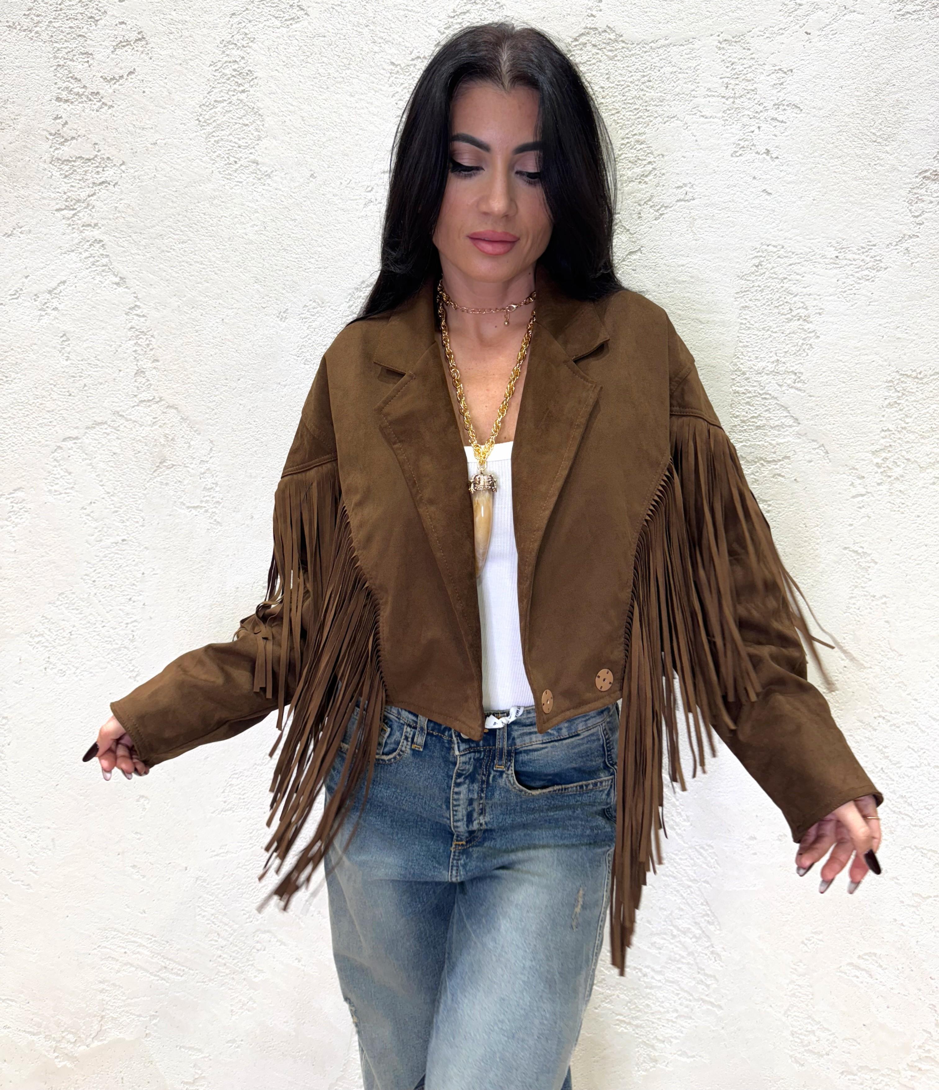 giacca crop scamosciata con collo rever e frange GSCFRANGE CIOCCOLATO ELEVI