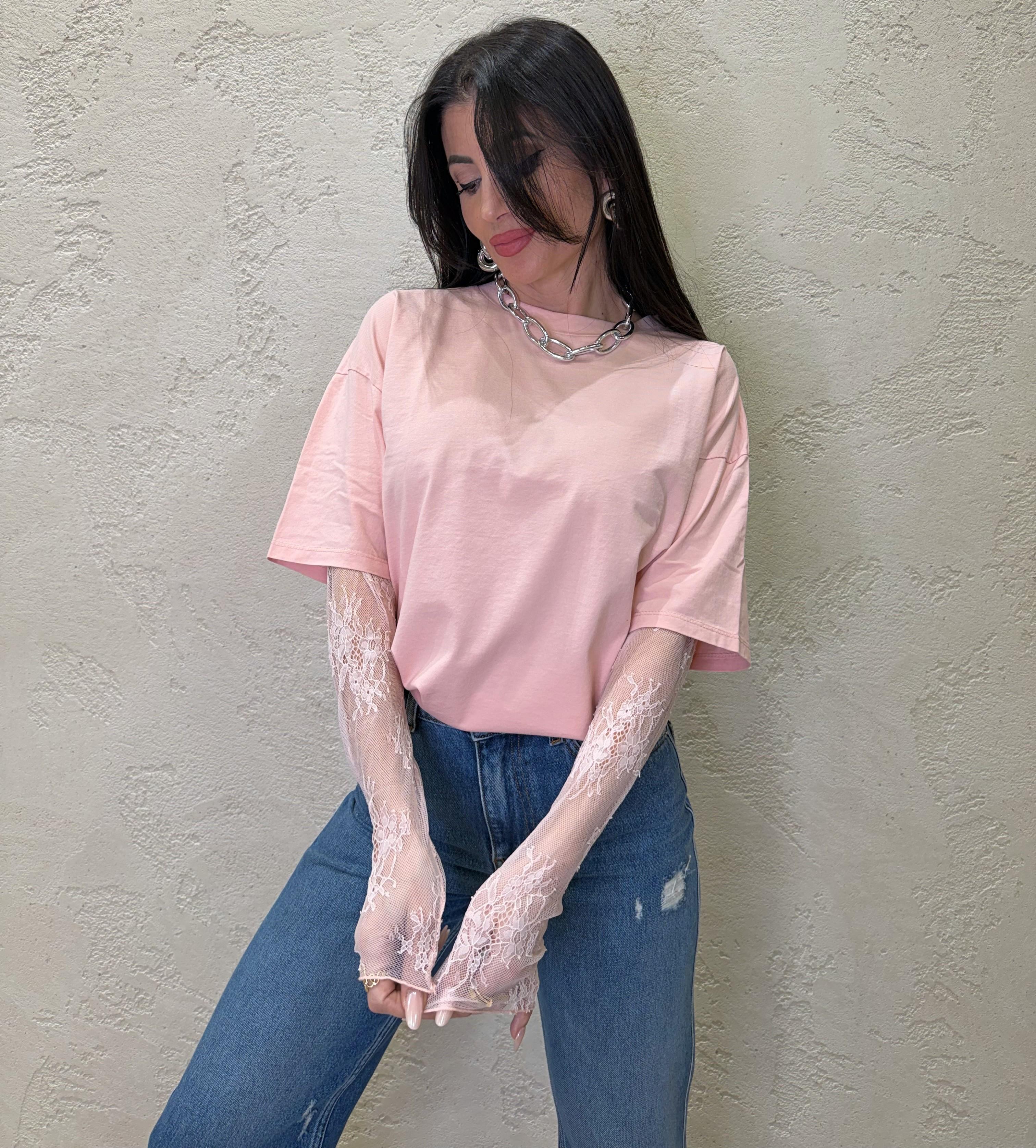t-shirt con maniche in pizzo 11073 ROSA SUSY MIX