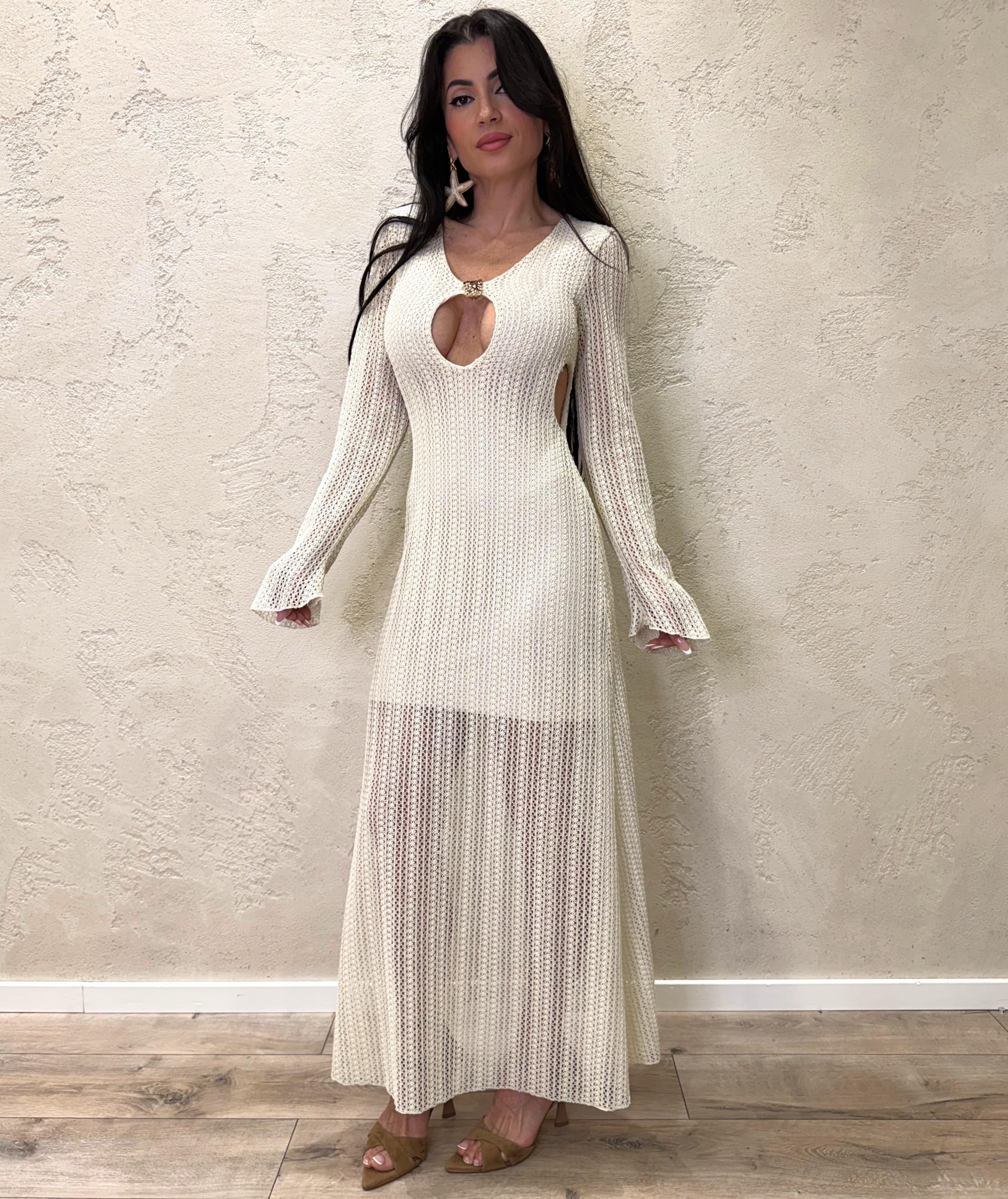 abito lungo crochet con cut out e accessorio AMA-Q047 BURRO HAVEONE