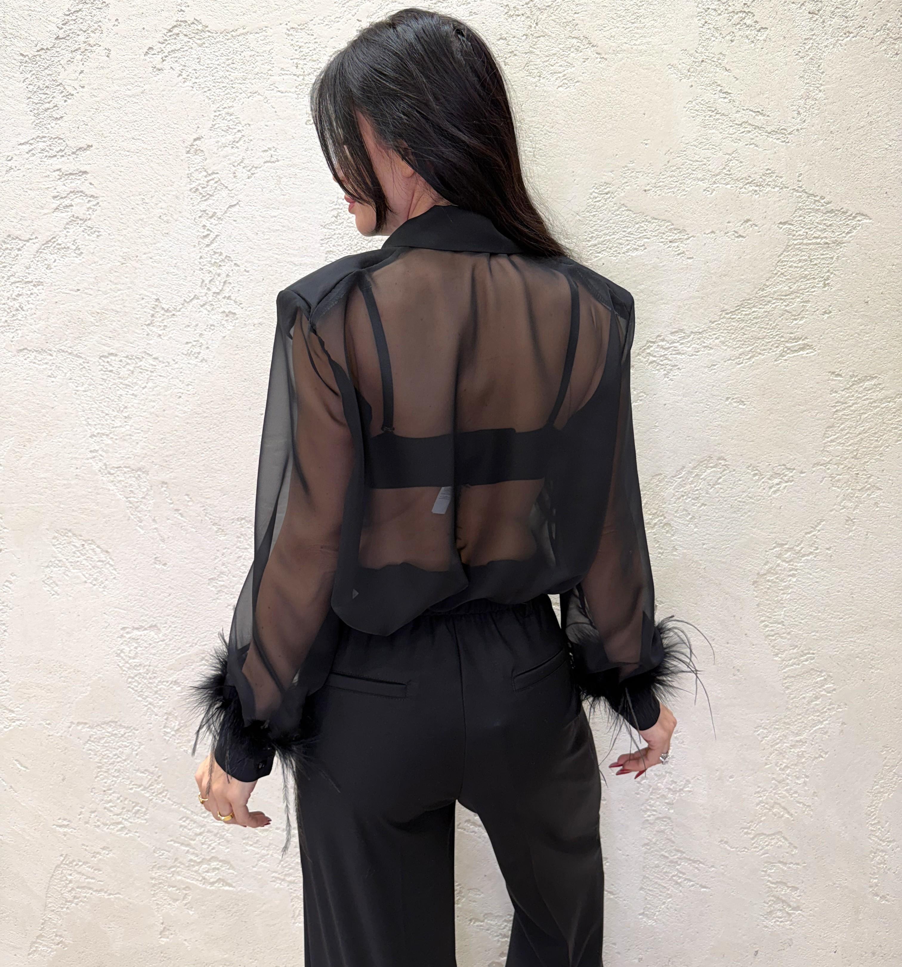 camicia in chiffon con piume C50402MO NERO MOTEL