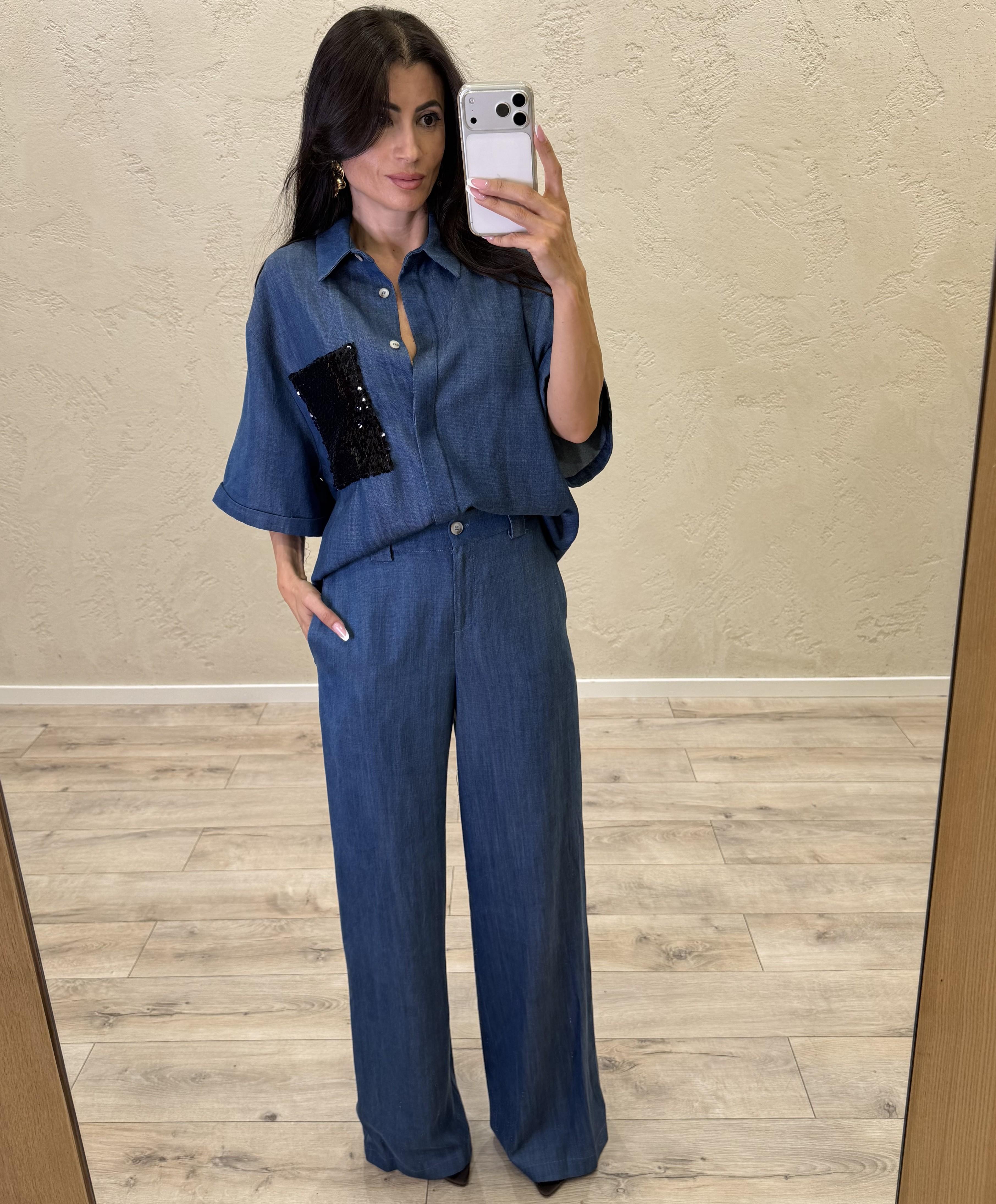 camicia in tela chambray e tasca pailettes 26C5144 DENIM BLU TENSIONE IN