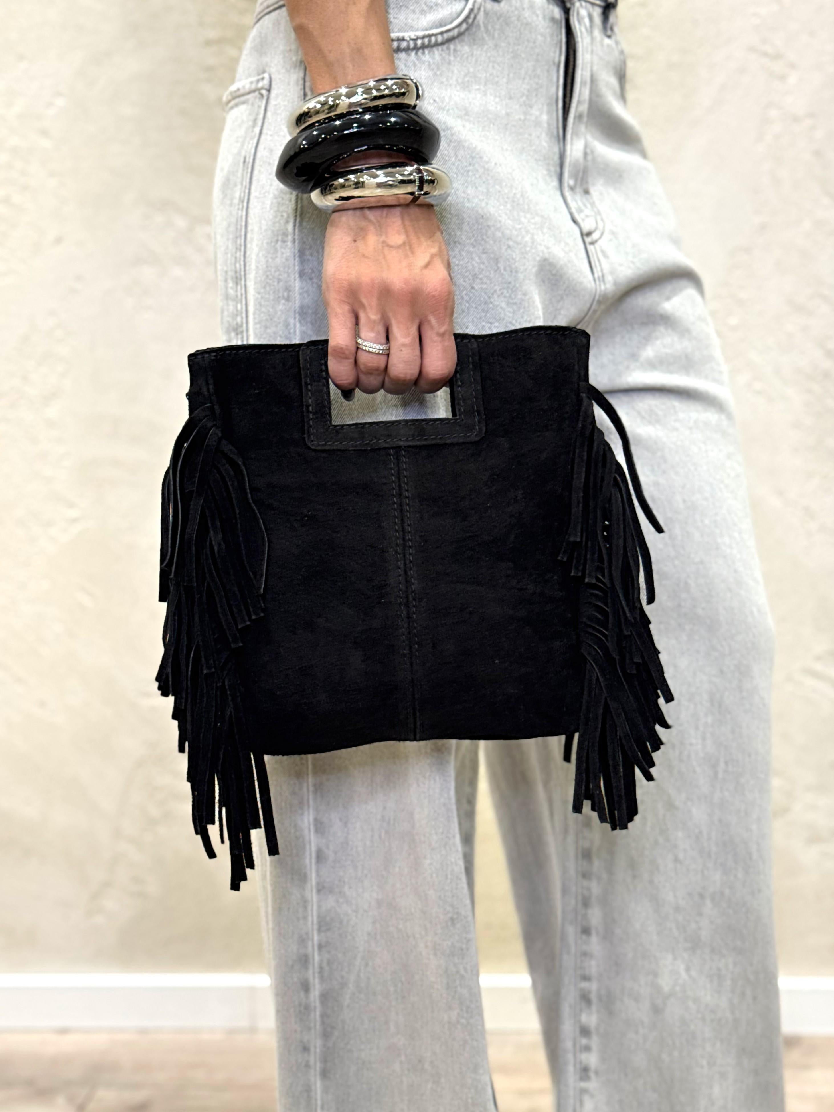 borsa a mano in vera pelle scamosciata con frange WCP-N090 NERO HAVEONE