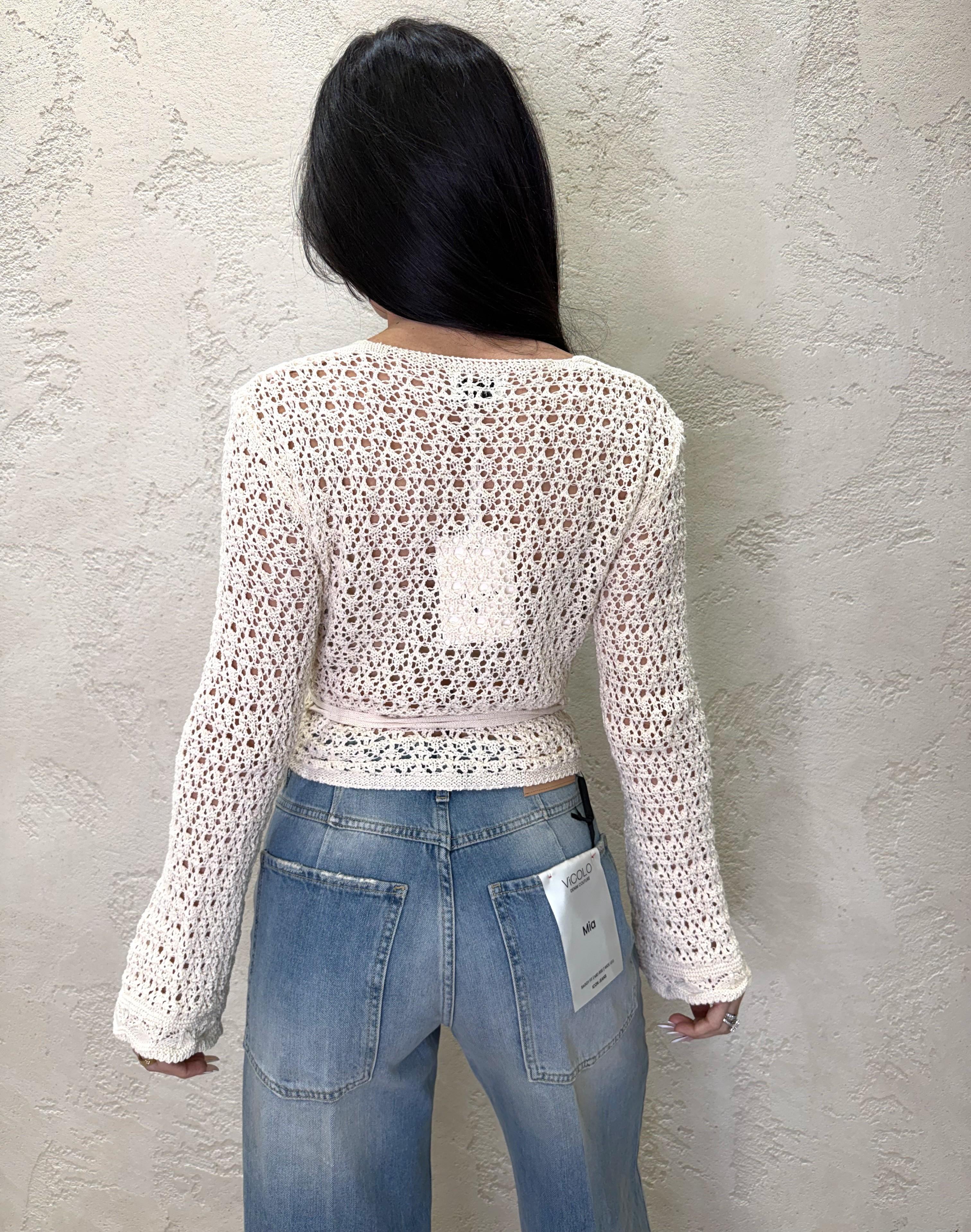 cardigan incrociato in maglia traforata con lacci 26218 LATTE SUSY MIX