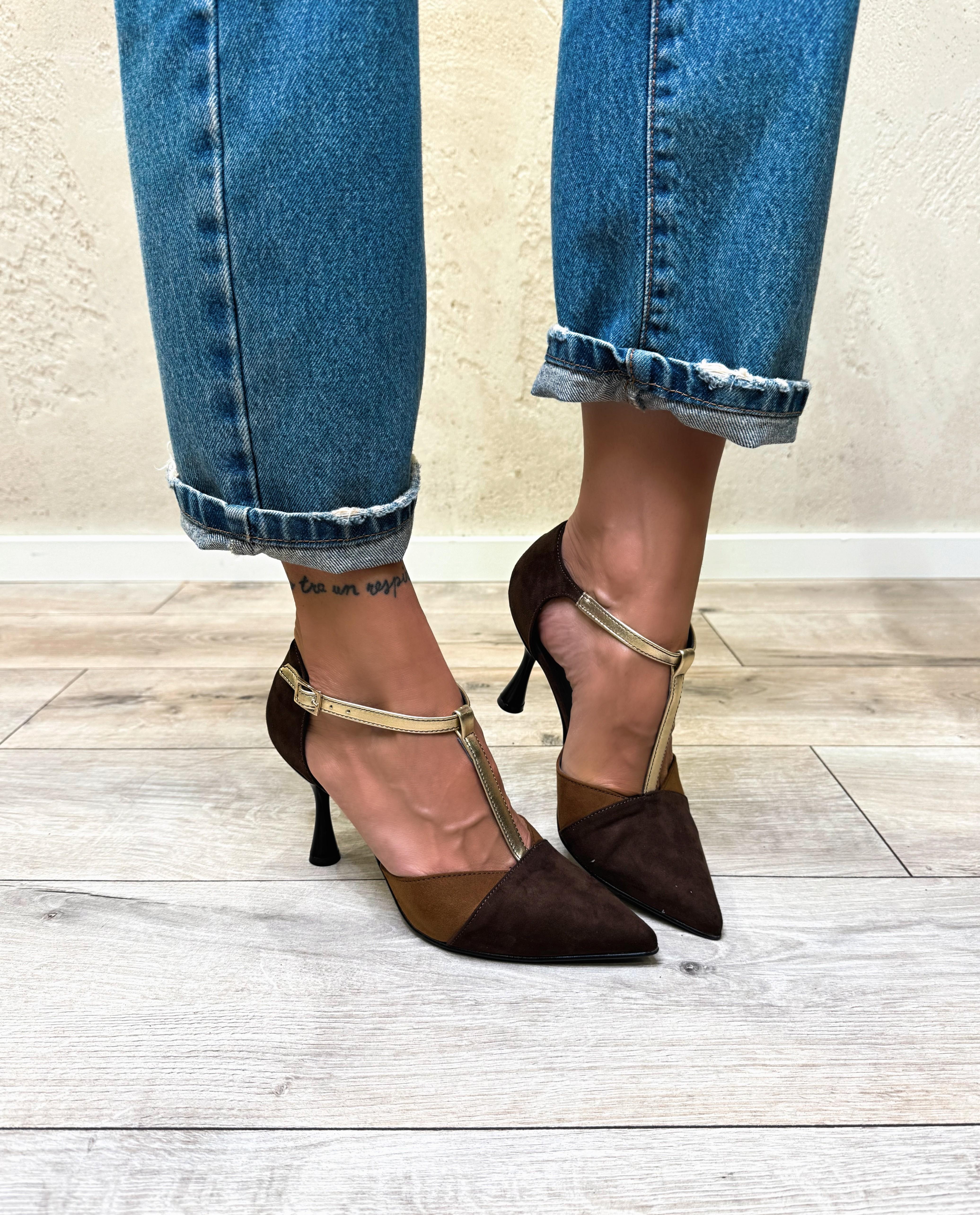 mary jane in camoscio bicolore con dettaglio platino 8017 CUOIO/MORO/PLATINO DIVINE FOLLIE