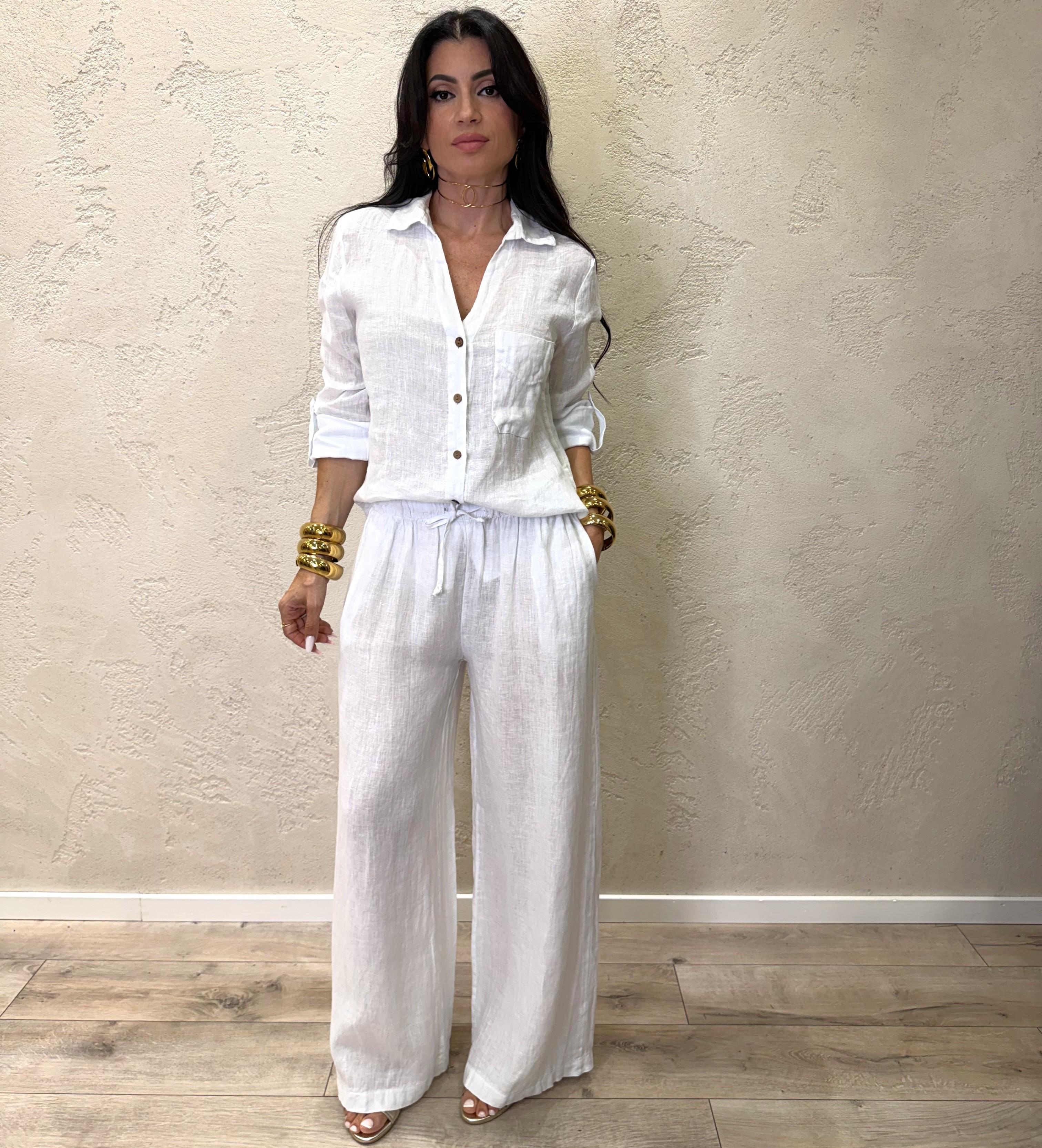 pantalone "ARIA" a palazzo in 100% lino H5944 BIANCO ELEVI