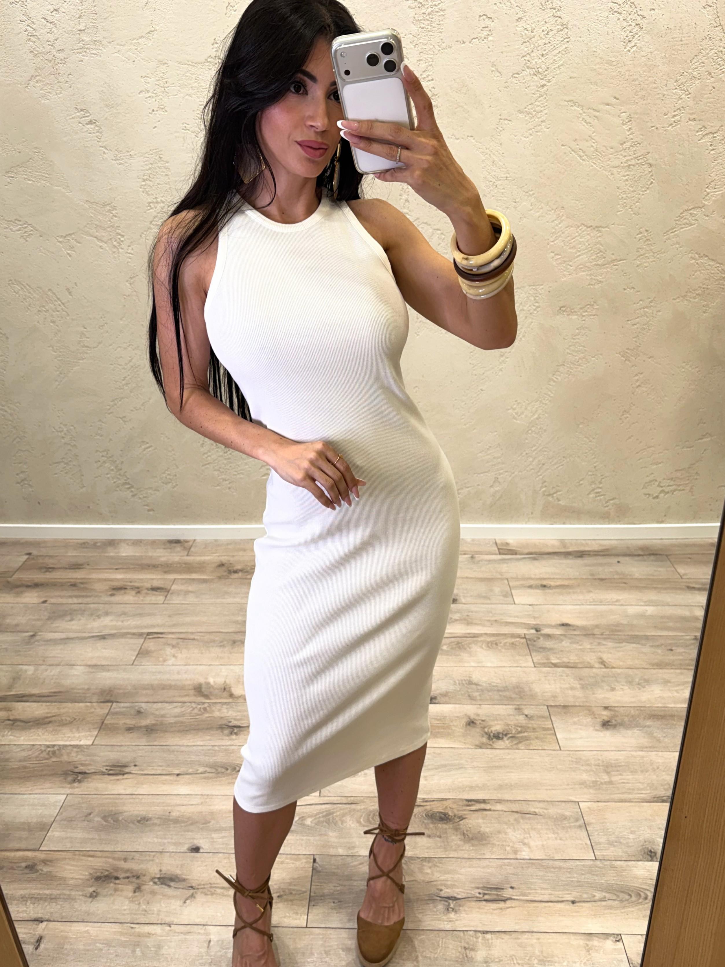 abito midi a costine elasticizzato UAB0047 BIANCO VICOLO