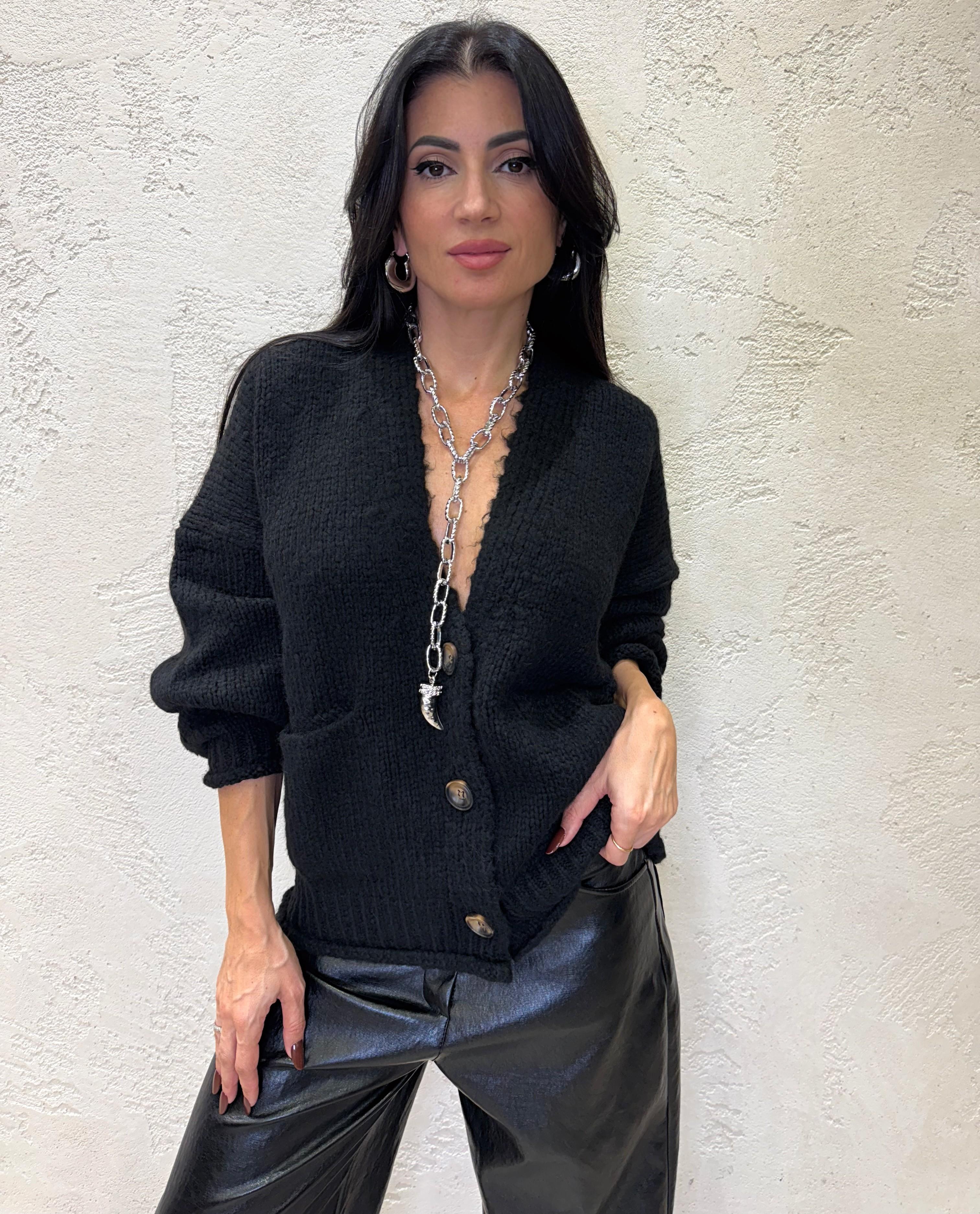 cardigan misto lana e alpaca con tasche 33053F NERO VICOLO