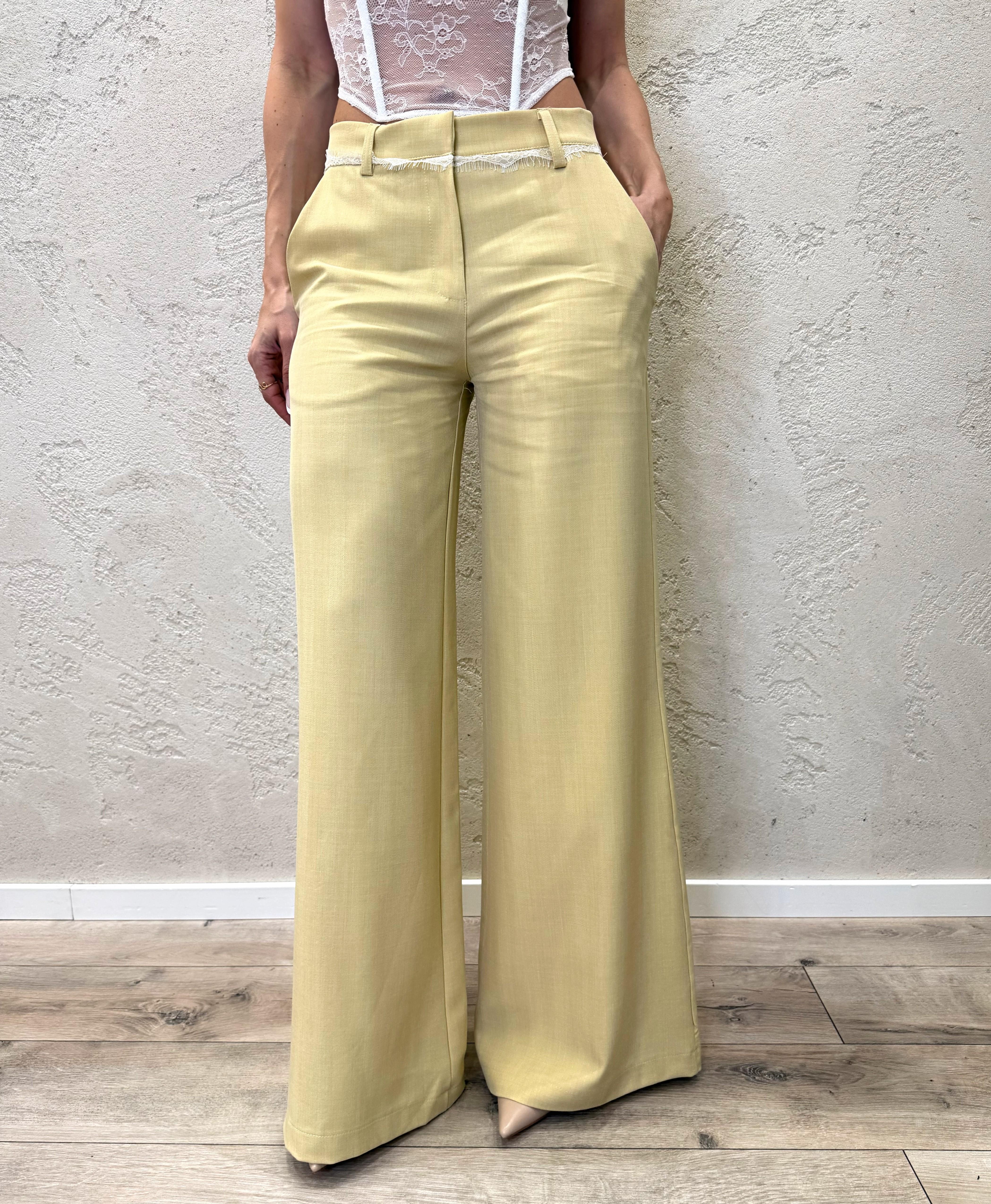 pantalone a palazzo con inserti in pizzo TAB1457 GIALLO PAGLIERINO VICOLO