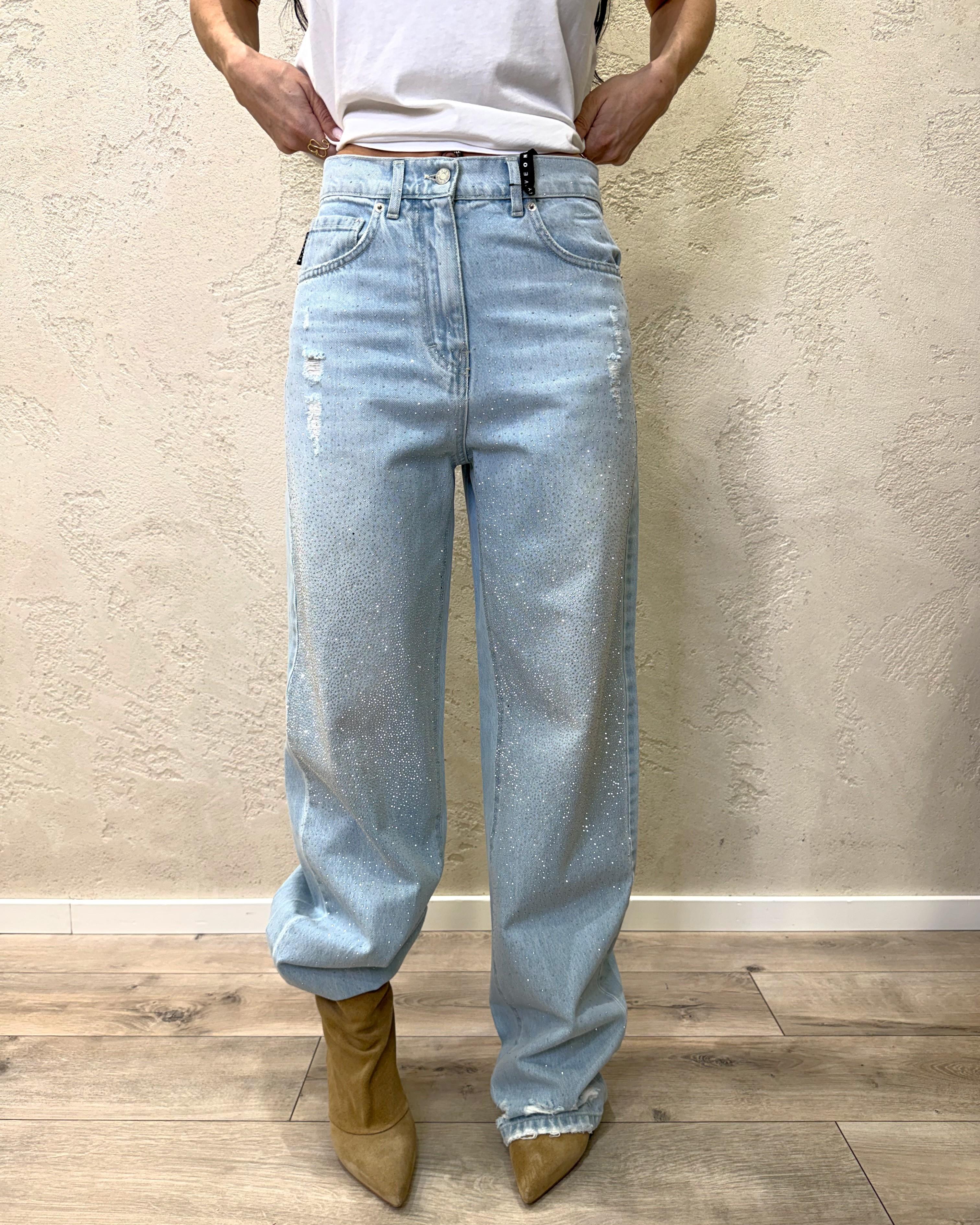 jeans modello stella in tela ferma a gamba dritta con strass PLS-Q041 DENIM CHIARO HAVEONE