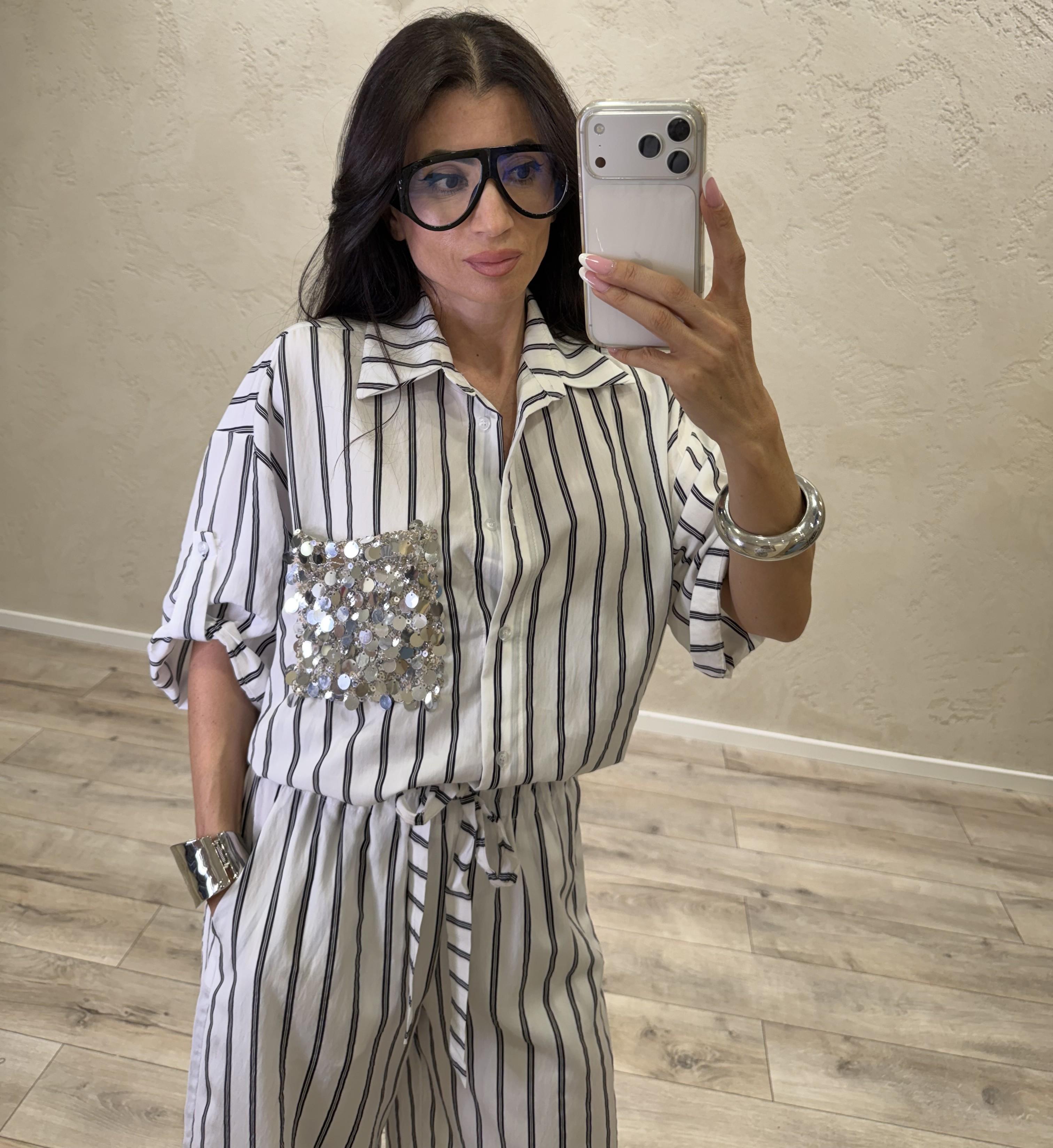 camicia maniche corte a righe con tasca pailettes PE260217 BIANCO/NERO TENSIONE IN