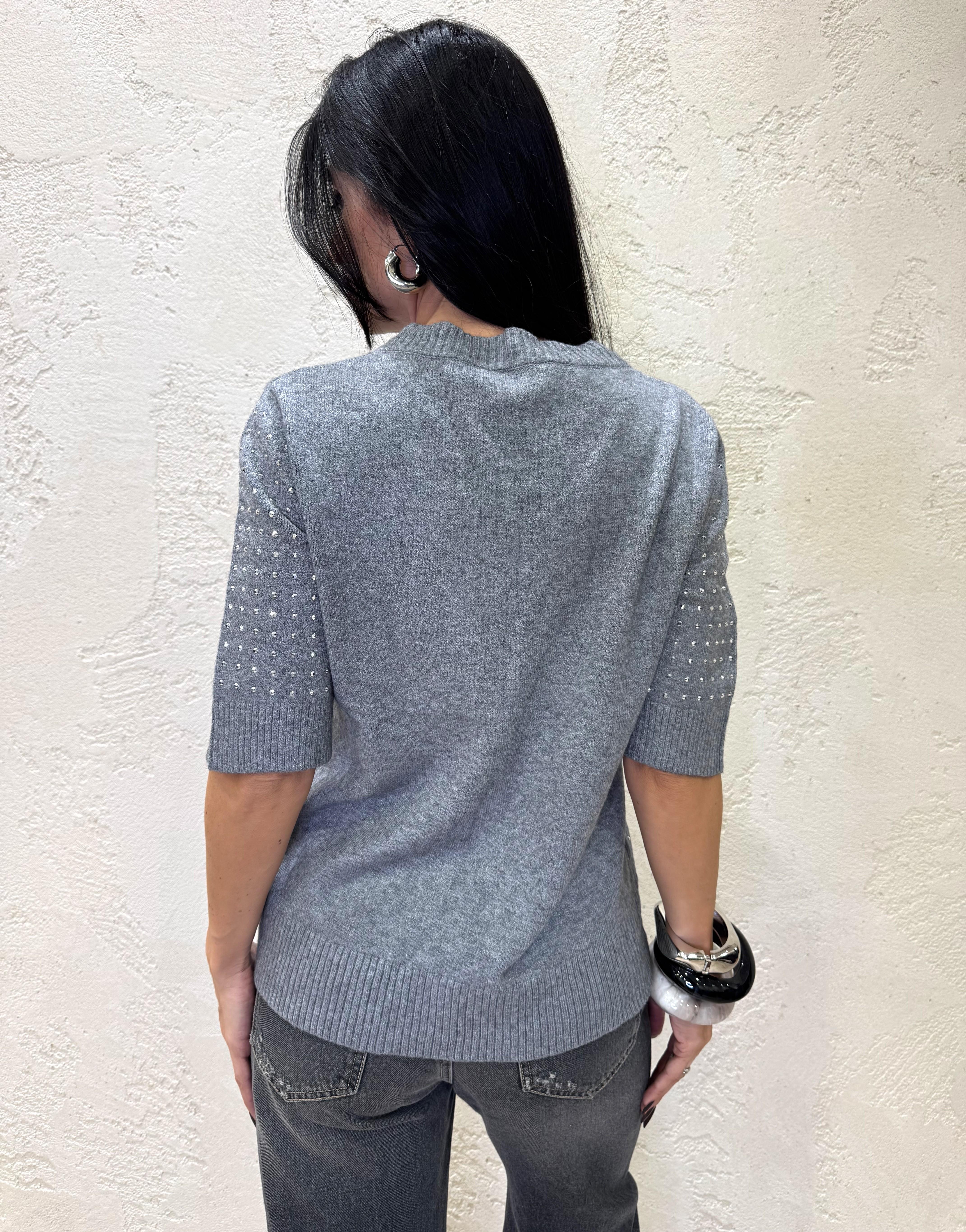 maglia maniche corte scollo a v con strass MMVSTRASS GRIGIO ELEVI
