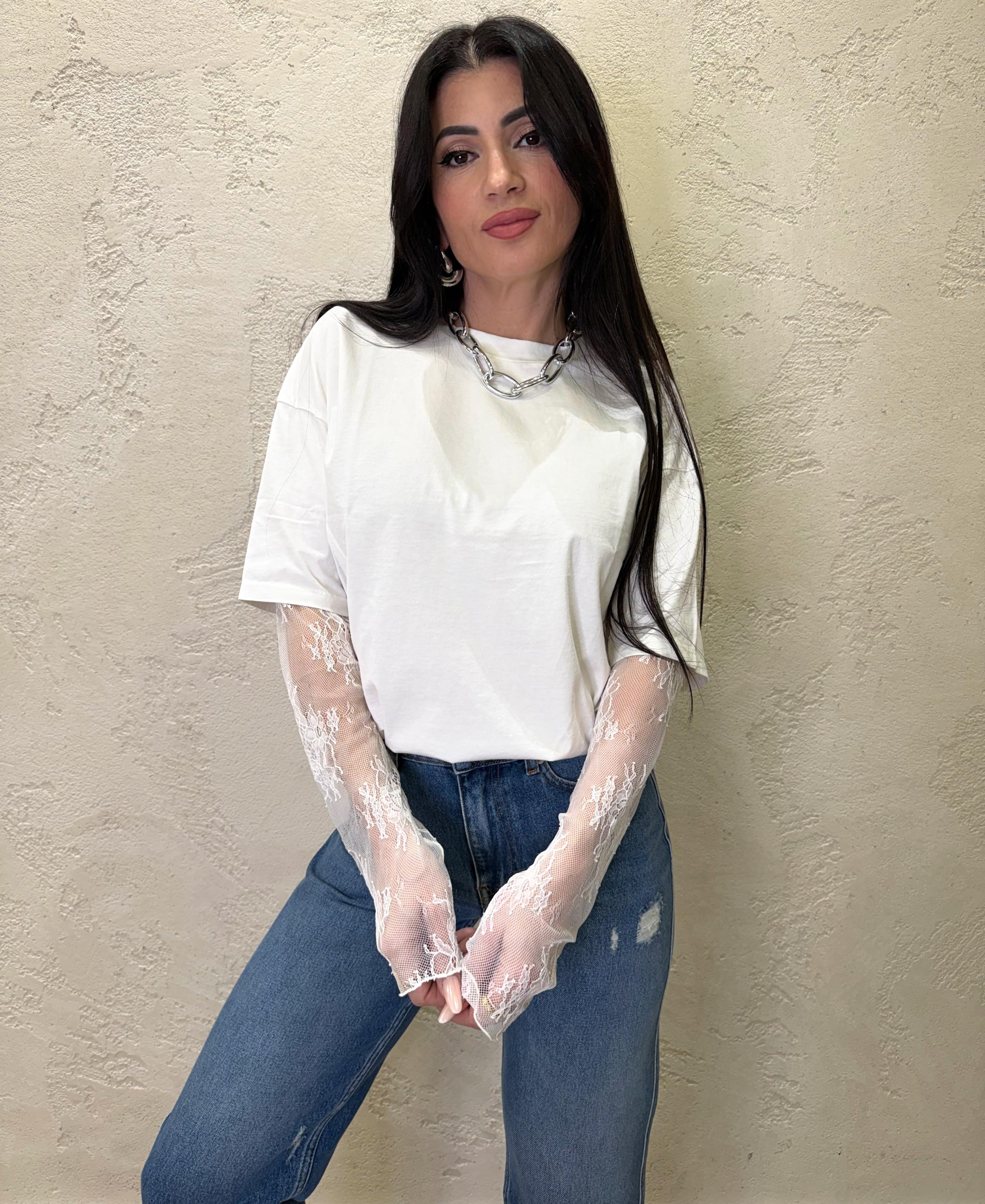 t-shirt con maniche in pizzo 11073 LATTE SUSY MIX