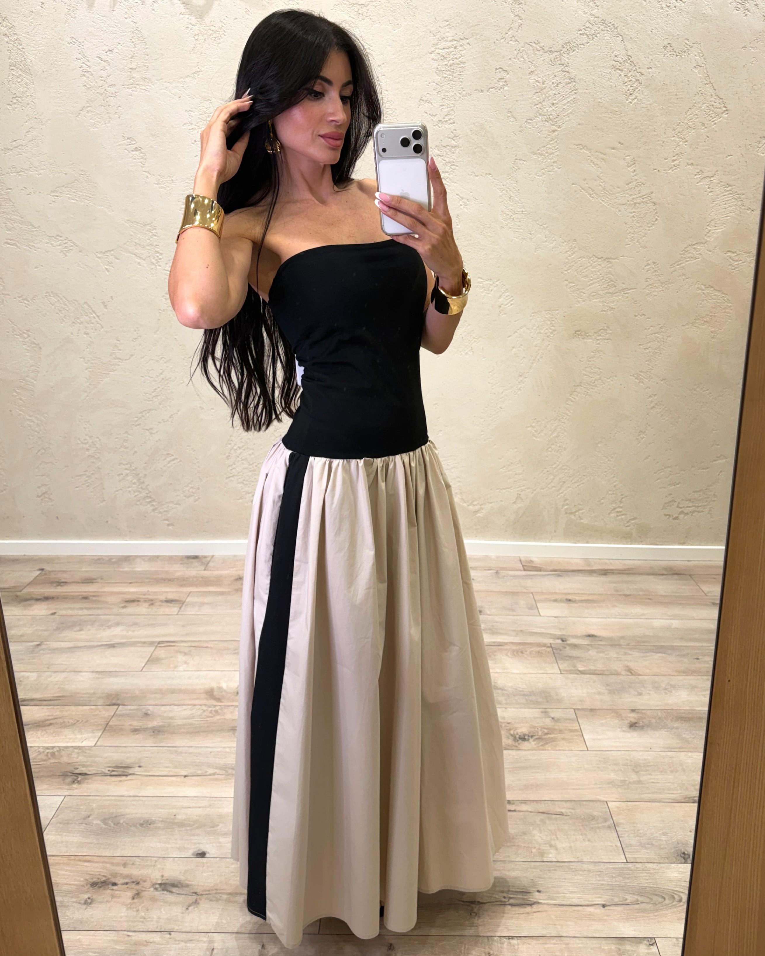 abito a fascia in doppio tessuto con gonna ampia UK1542 NERO/SABBIA TENSIONE IN