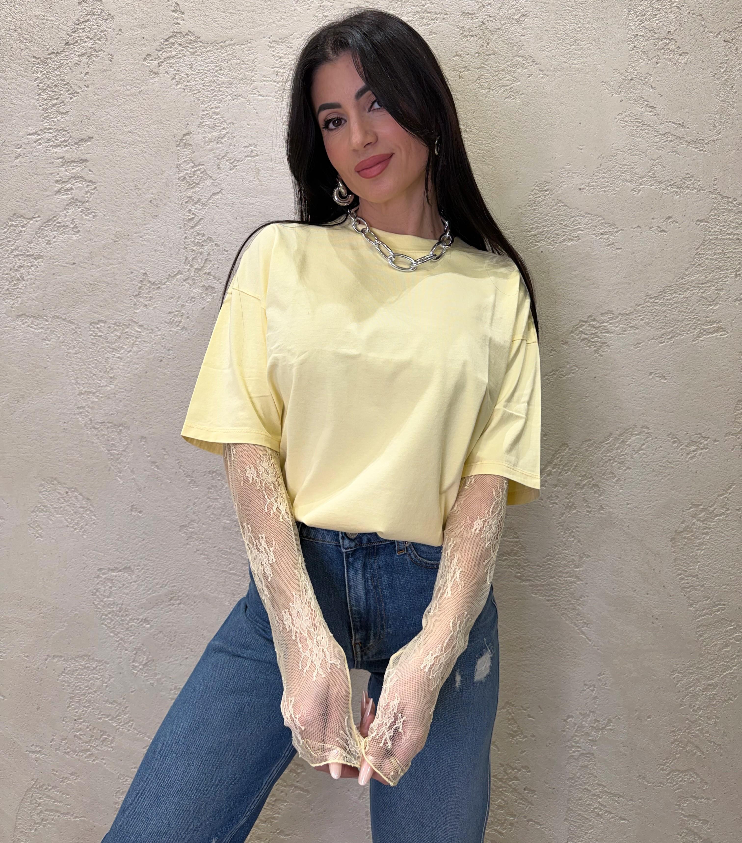 t-shirt con maniche in pizzo 11073 GIALLO SUSY MIX