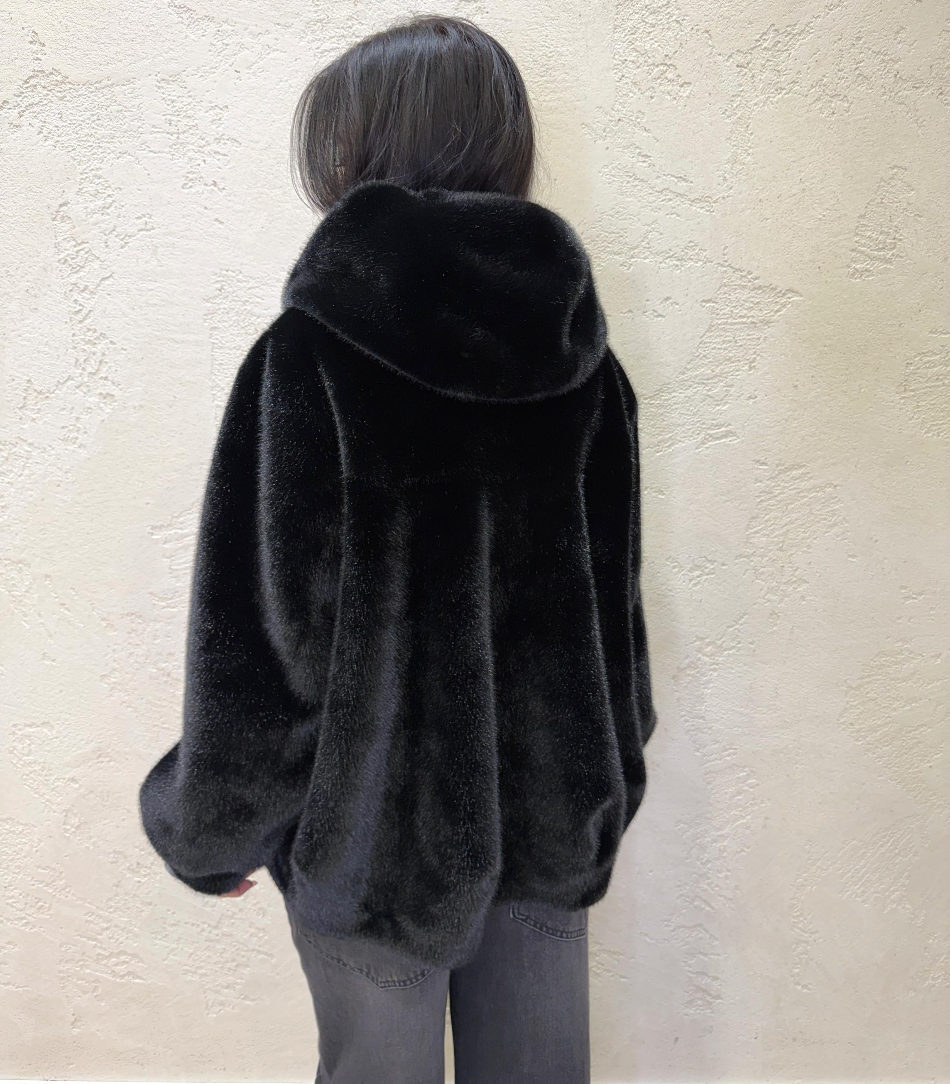 ecopelliccia pelo raso con cappuccio KDY-P034 NERO HAVEONE