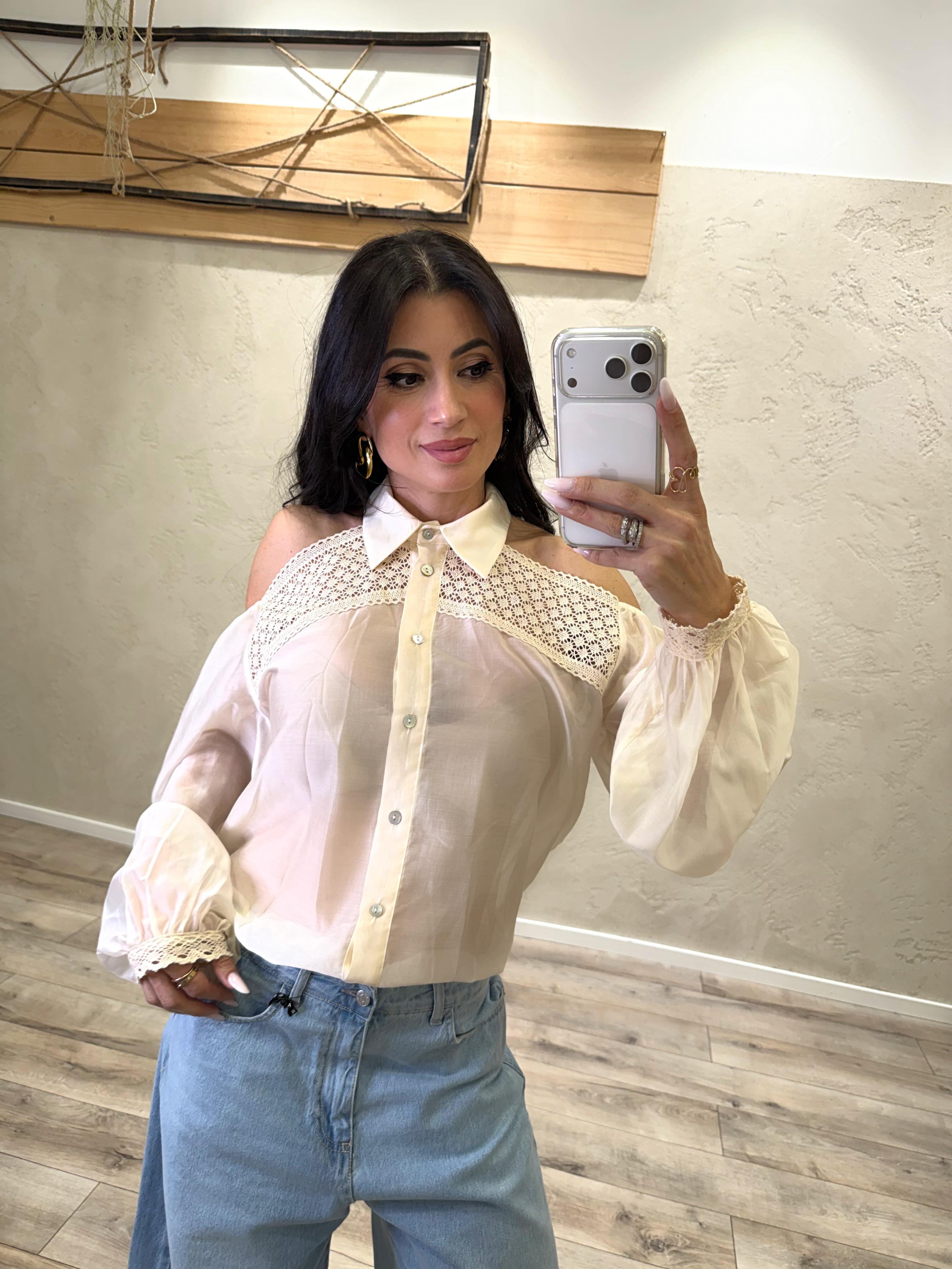 camicia cut out con dettaglio in crochet TAB1662 CREMA VICOLO