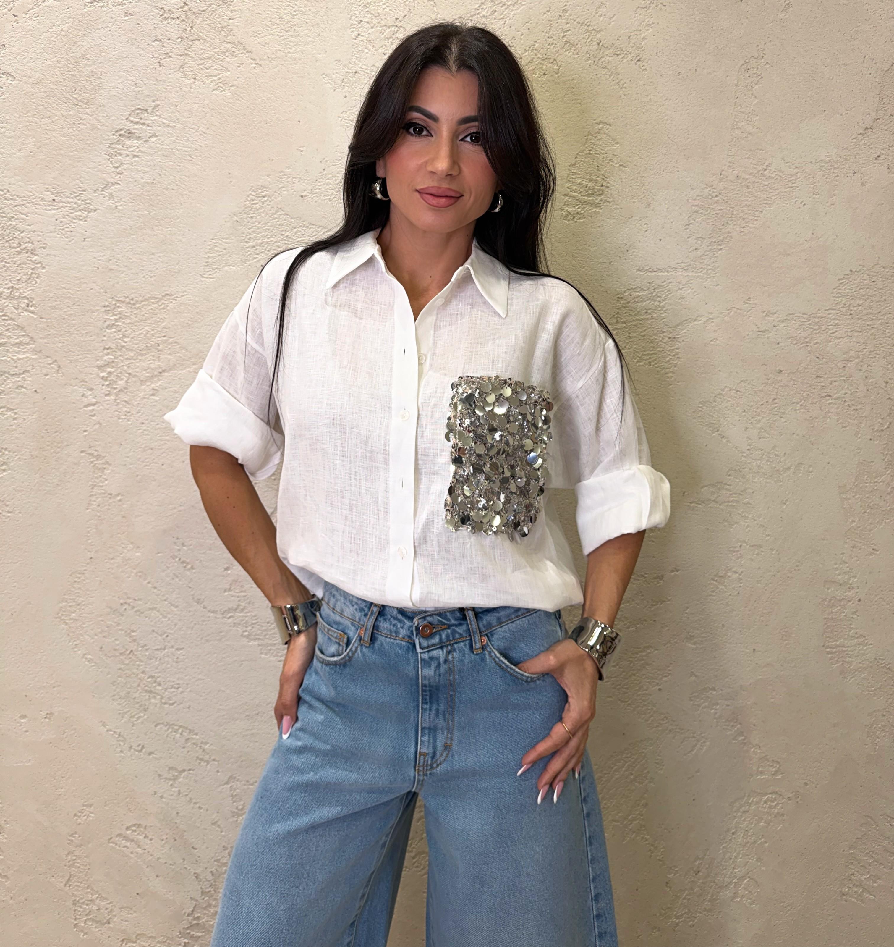 camicia in 100% lino con tasca paillettes S26CE15 BIANCO TENSIONE IN