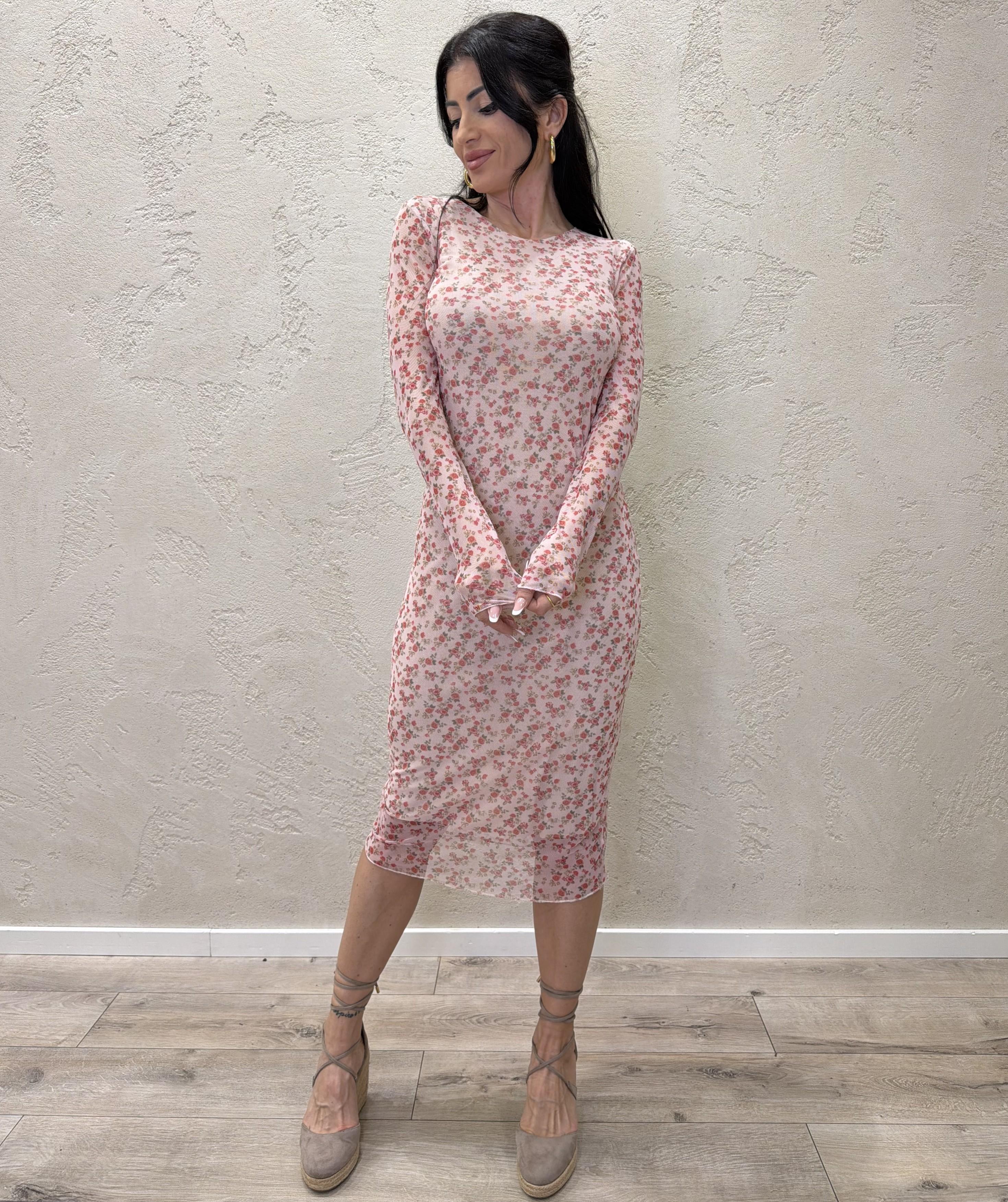 abito midi in tulle a fiori A1092TLH28 ROSA SUSY MIX