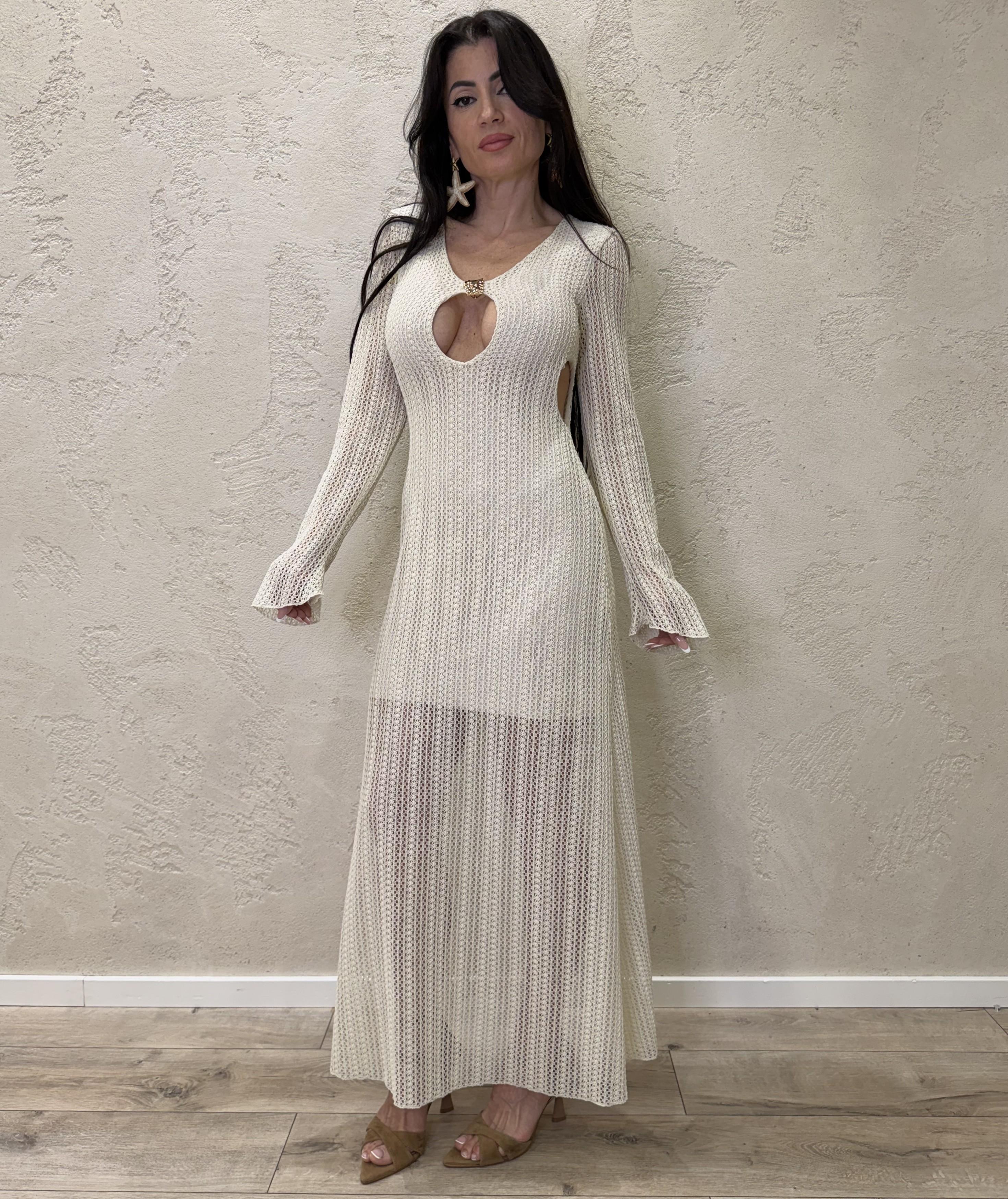 abito lungo crochet con cut out e accessorio AMA-Q047 BURRO HAVEONE