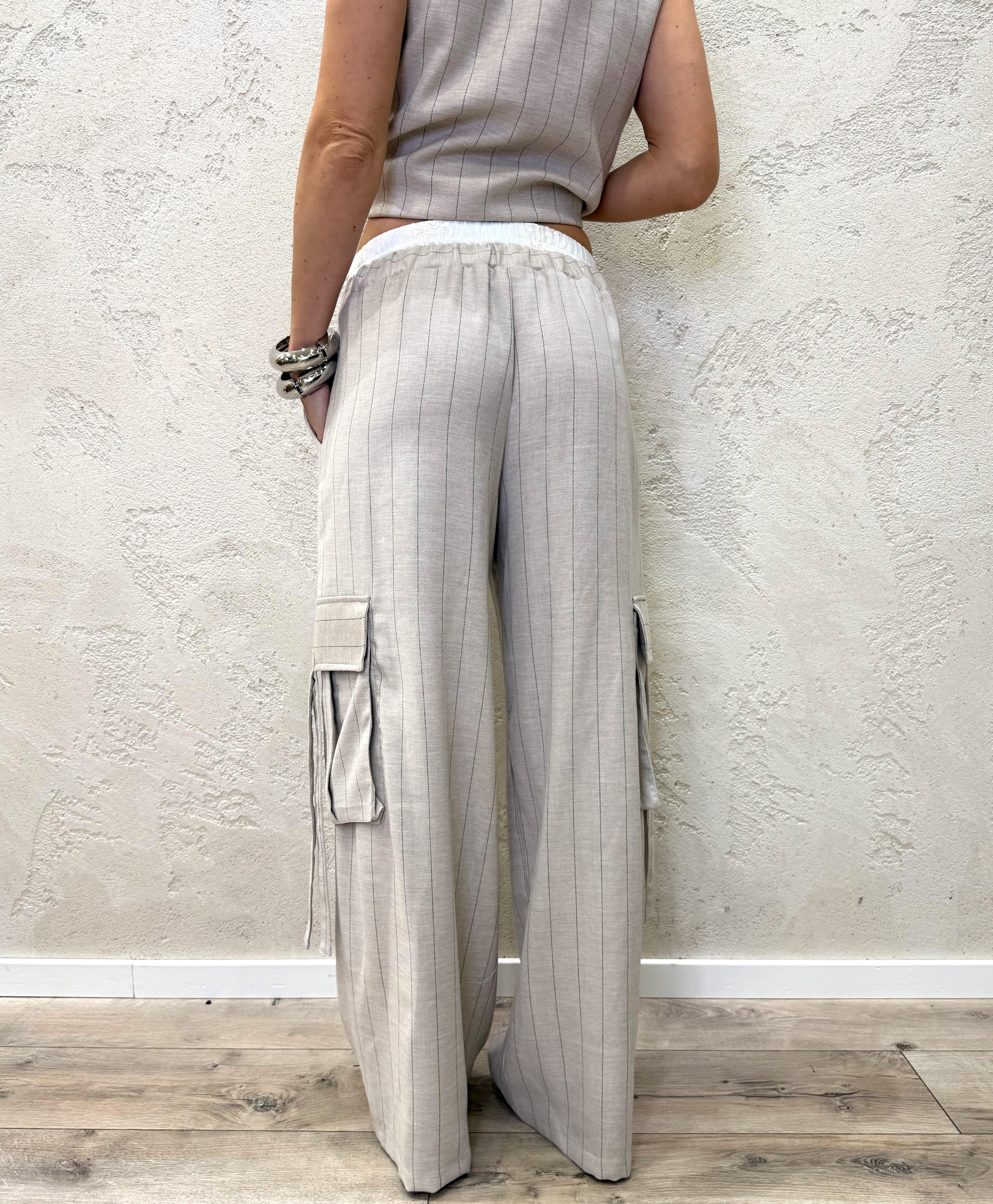 pantaloni cargo gessati con vita elasticizzata finto boxer S26P840 BEIGE TENSIONE IN