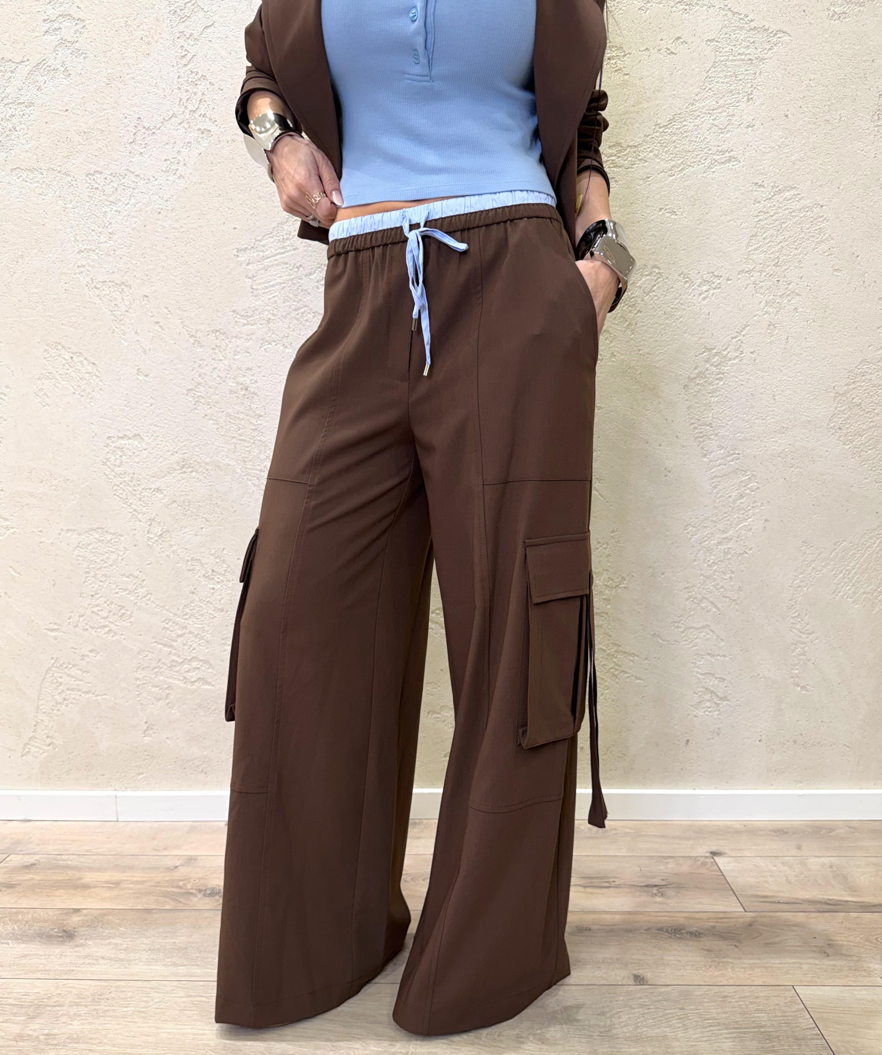 pantaloni cargo a palazzo con vita elasticizzata finto boxer 26P3727 MORO TENSIONE IN
