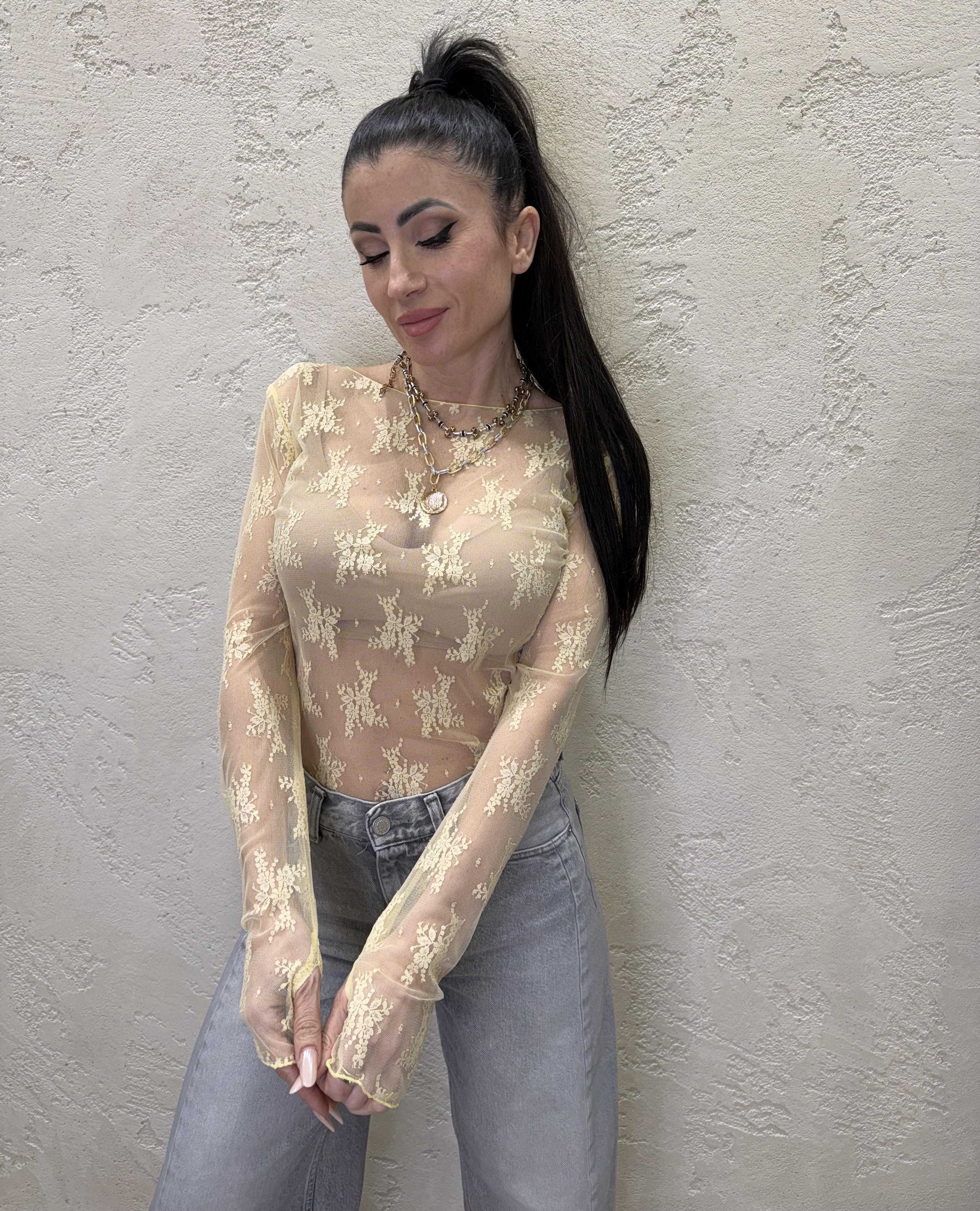maglia in pizzo con scollo a barca e manicotti 10997 GIALLO SUSY MIX