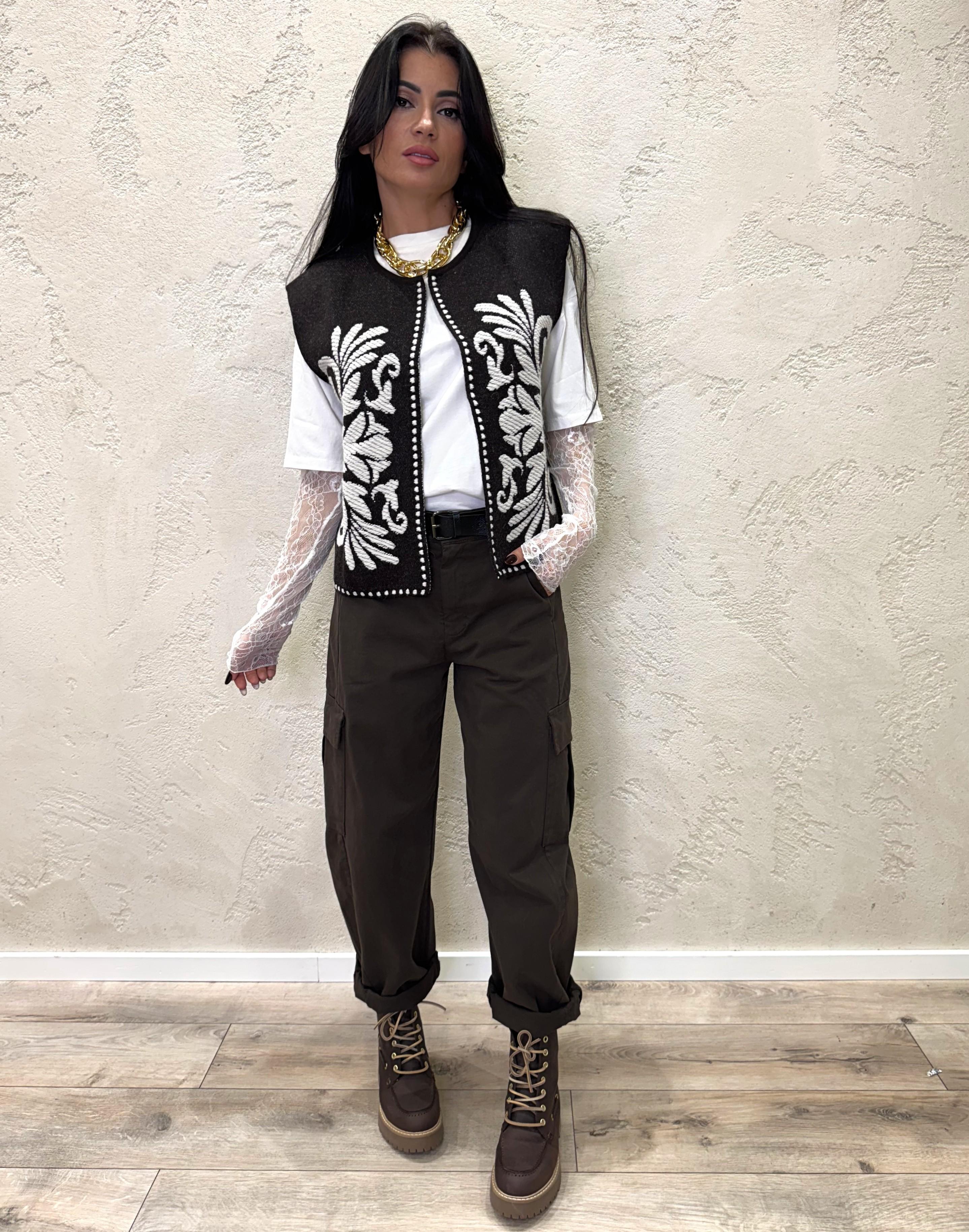 gilet in misto lana e alpaca con ricamo WSHMG35A400 MORO TENSIONE IN