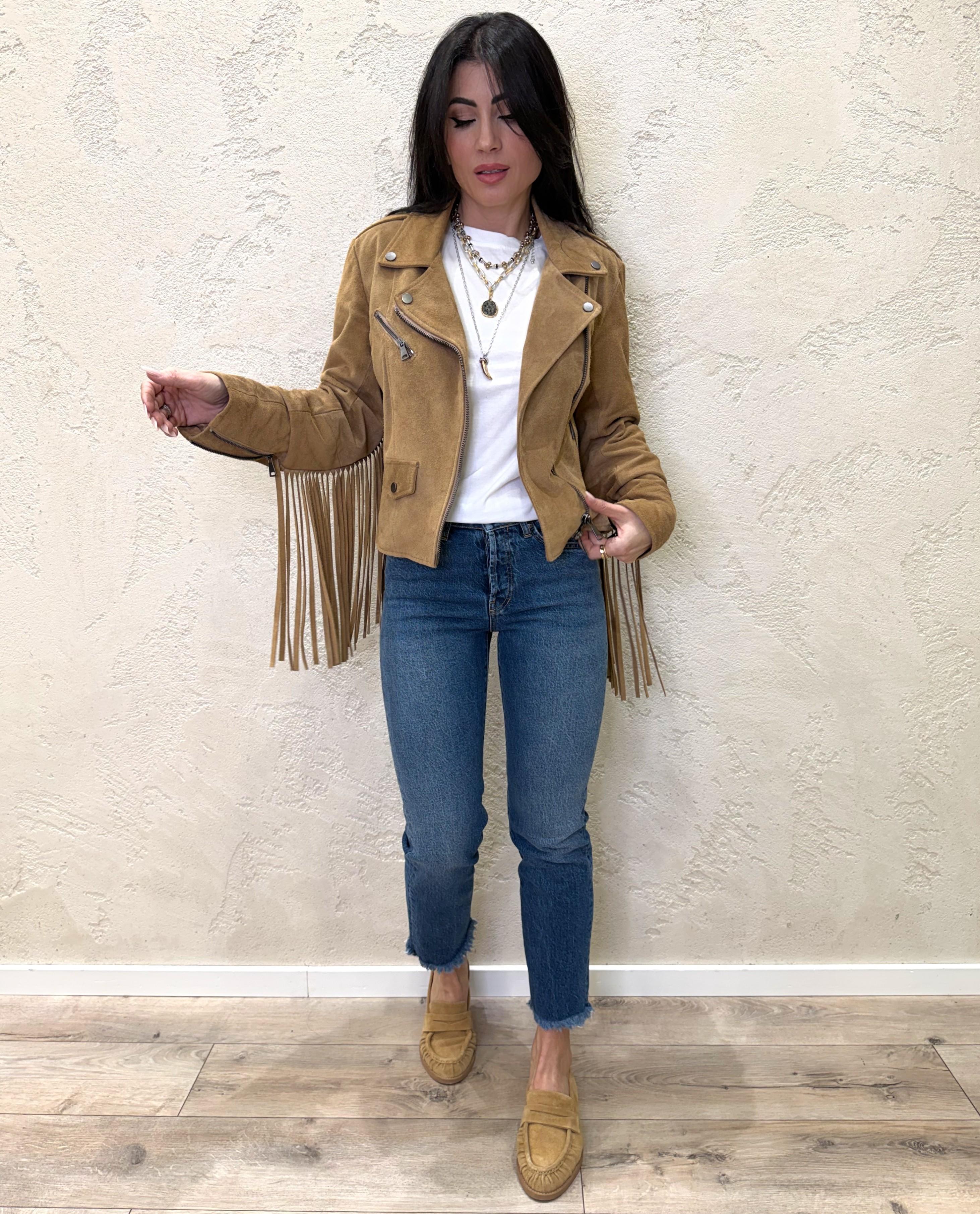 chiodo in pelle scamosciato con frange TAB0172 BEIGE VICOLO