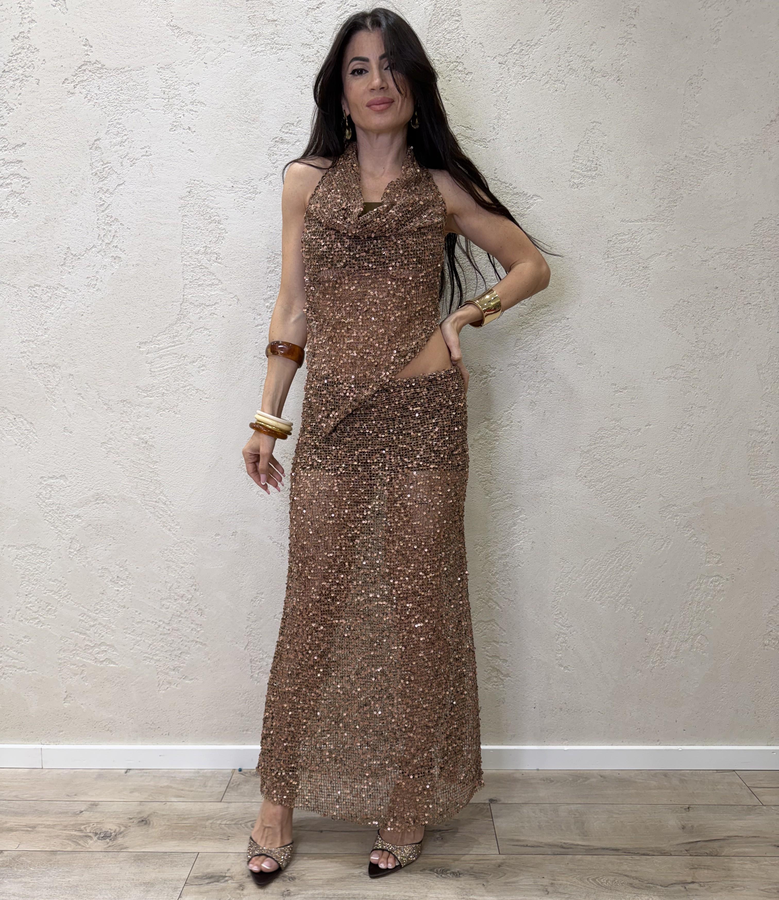 top due pezzi scollo halter in rete con pailettes RMA-Q062 CAPPUCCINO HAVEONE