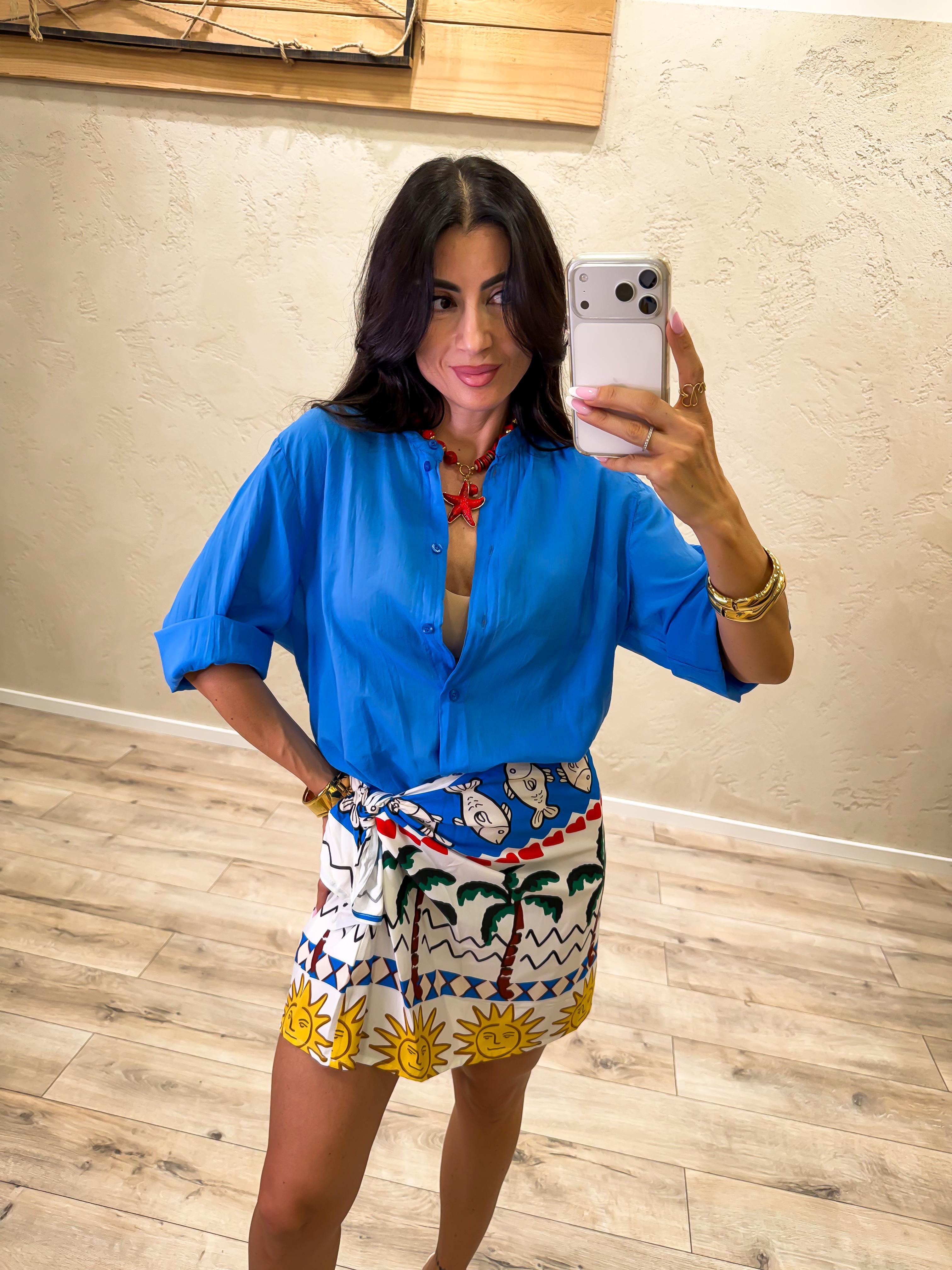 camicia in mussola con collo alla coreana PE260330 BLU ELETTRICO TENSIONE IN