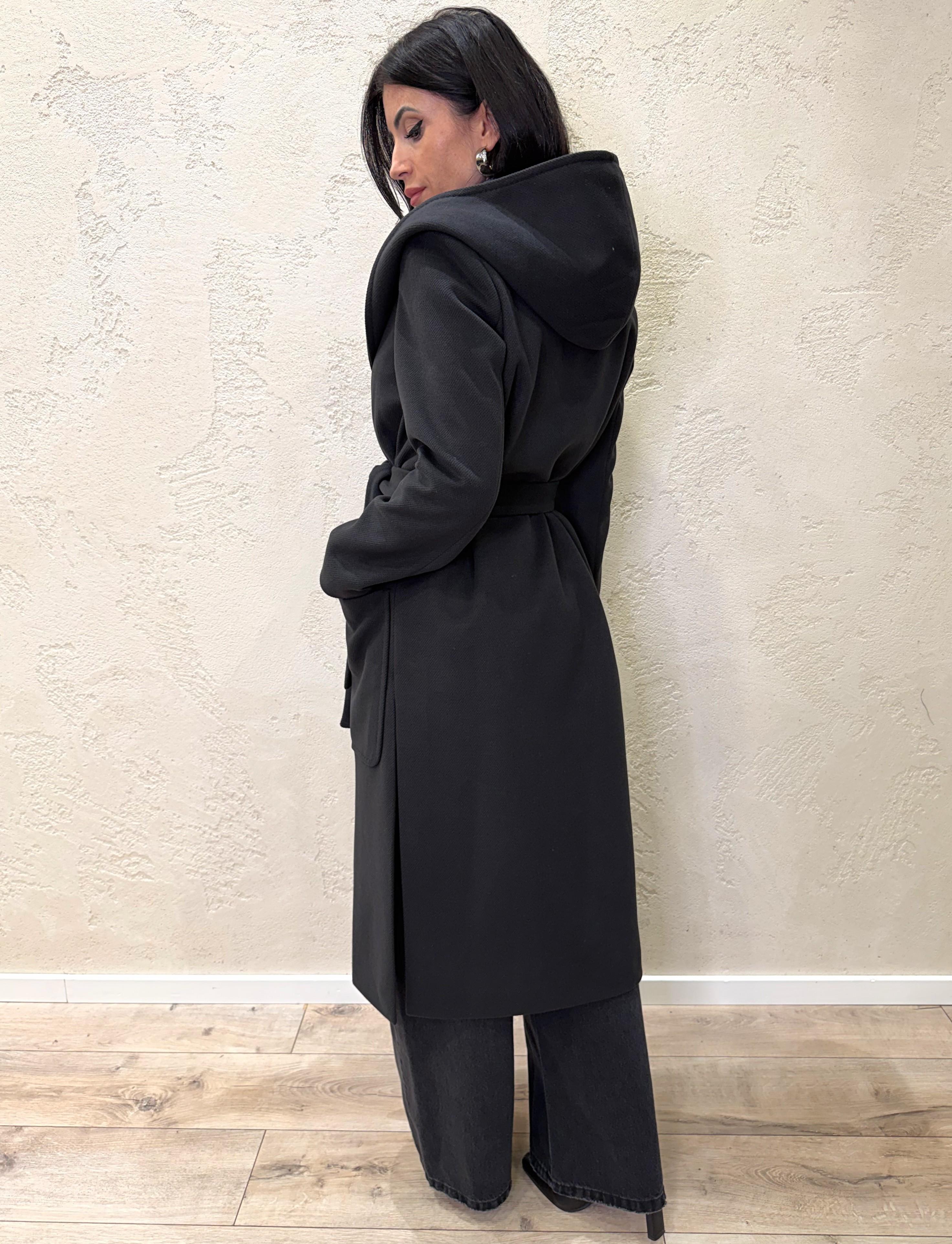 cappotto lungo doppio petto con cappuccio e cintura 9999MRKAI25 NERO TENSIONE IN