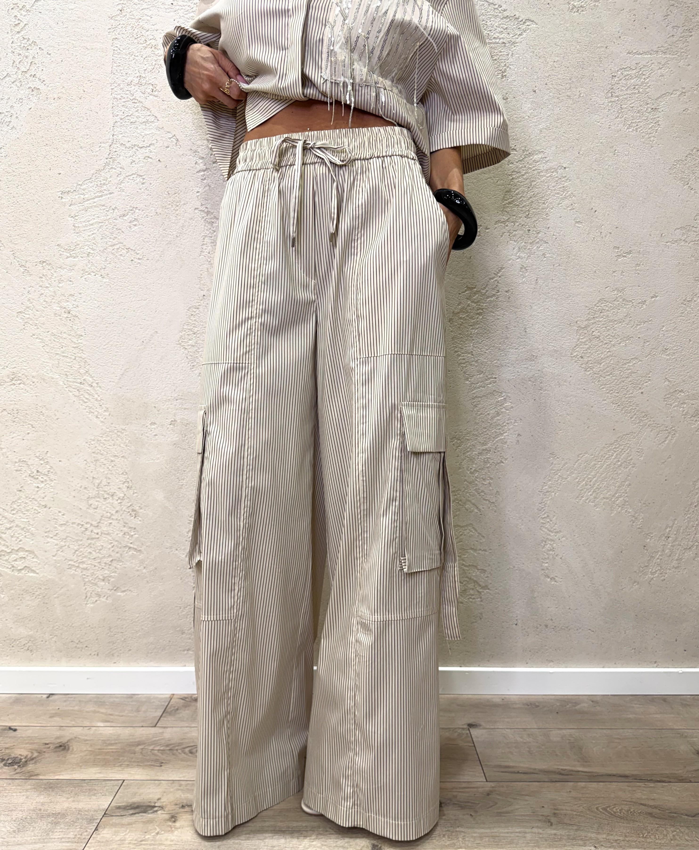 pantalone cargo modello a palazzo fantasia a righe 26P5097 BEIGE TENSIONE IN