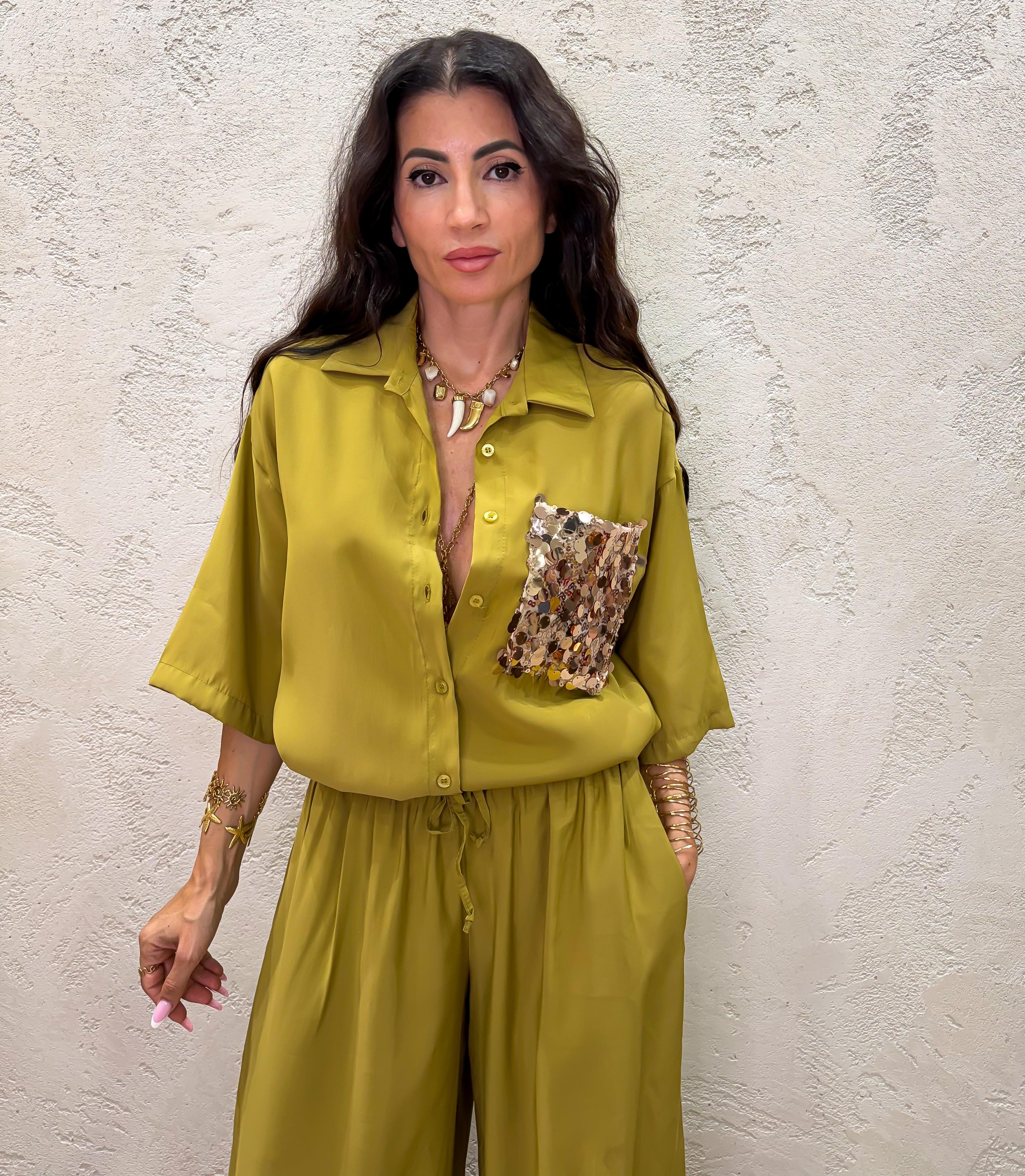 completo coordinato "aladin" camicia tasca pailettes e pantalone a palloncino COMPL-ALADIN OLIO ELEVI